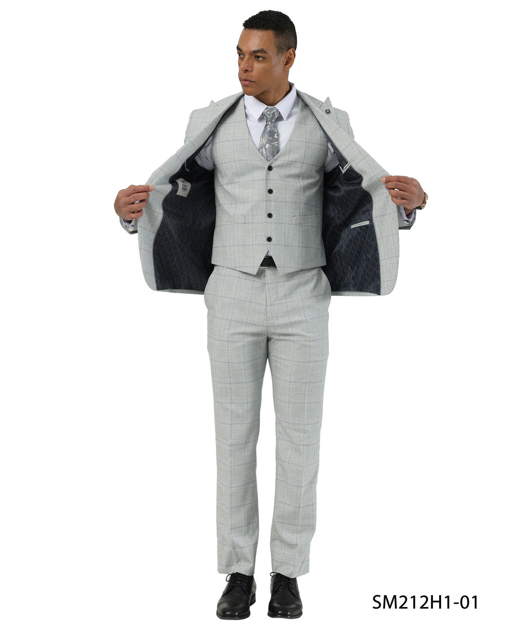Light Gray Windowpane NotchLapel 3 Piece Stacy Adams Men' Suit