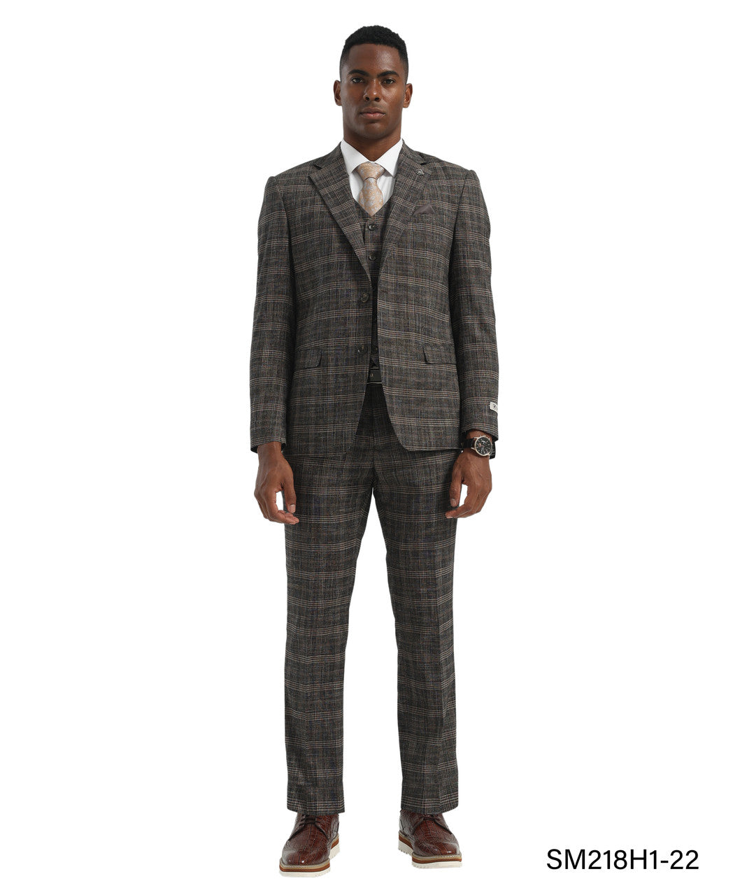 Brown Plaid 3 Piece Peak Lapel Stacy Adams Men's Hybrid Suit