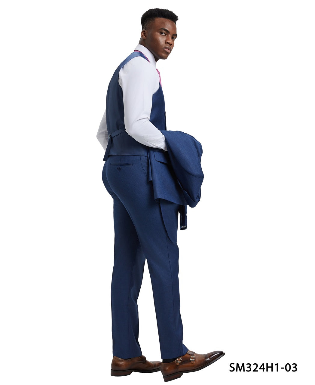 Solid Textured Sharkskin Blue 3 Piece Notch Lapel Stacy Adams Men's Hybrid Suit