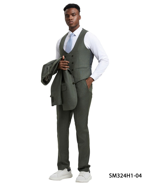 Solid Textured Sharkskin Olive 3 Piece Notch Lapel Stacy Adams Men's Hybrid Suit