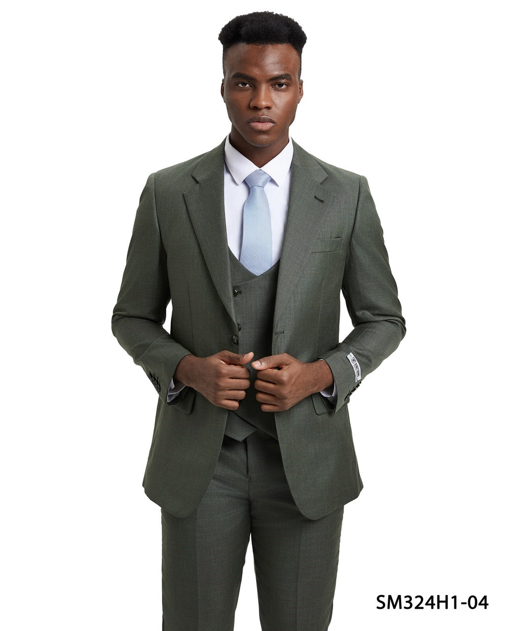 Solid Textured Sharkskin Olive 3 Piece Notch Lapel Stacy Adams Men's Hybrid Suit