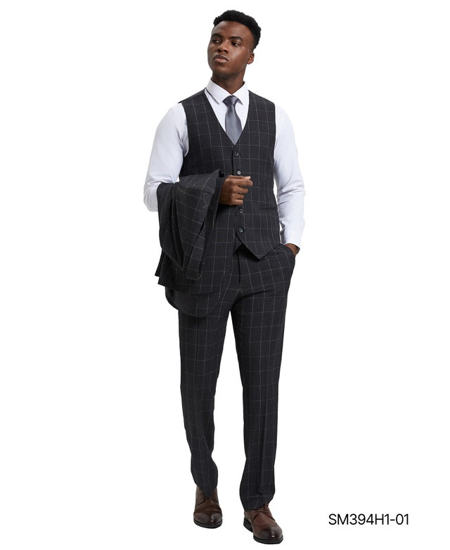 Dark Grey Windowpane 3 Piece Notch Lapel Stacy Adams Men's Hybrid Suit