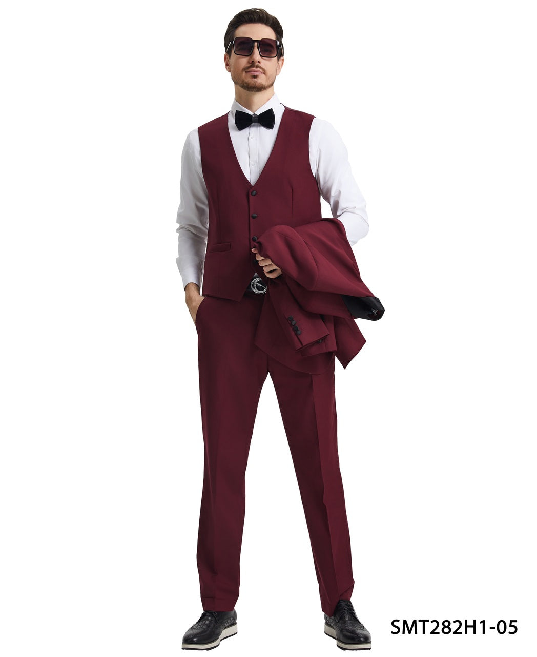 Burgundy/Black Satin Shawl Lapel 3 Piece Stacy Adams Men's Hybrid Tuxedo