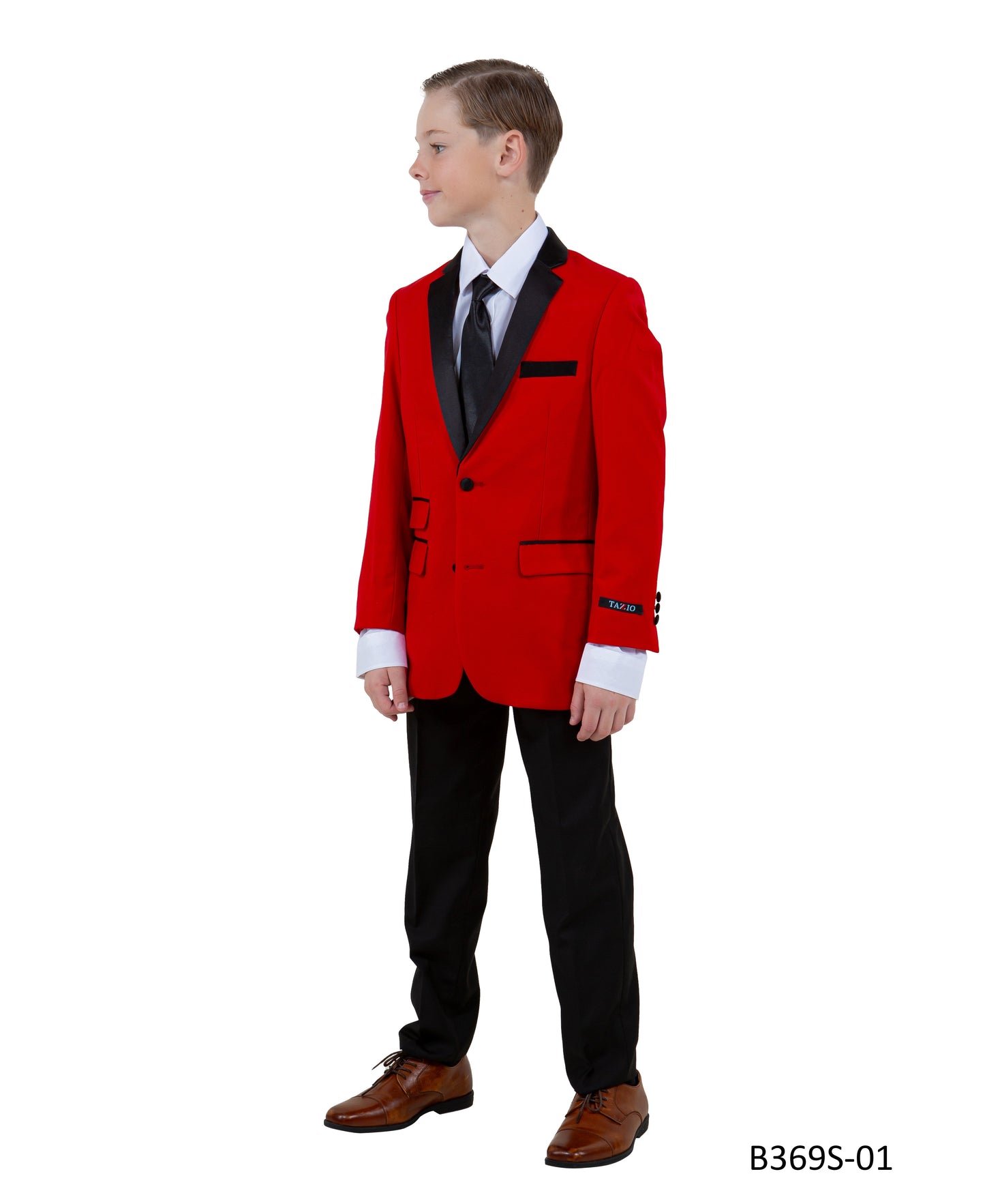 Red / Black Satin Notch Lapel 5 Piece Slim Fit Tazzio Boy's Suit