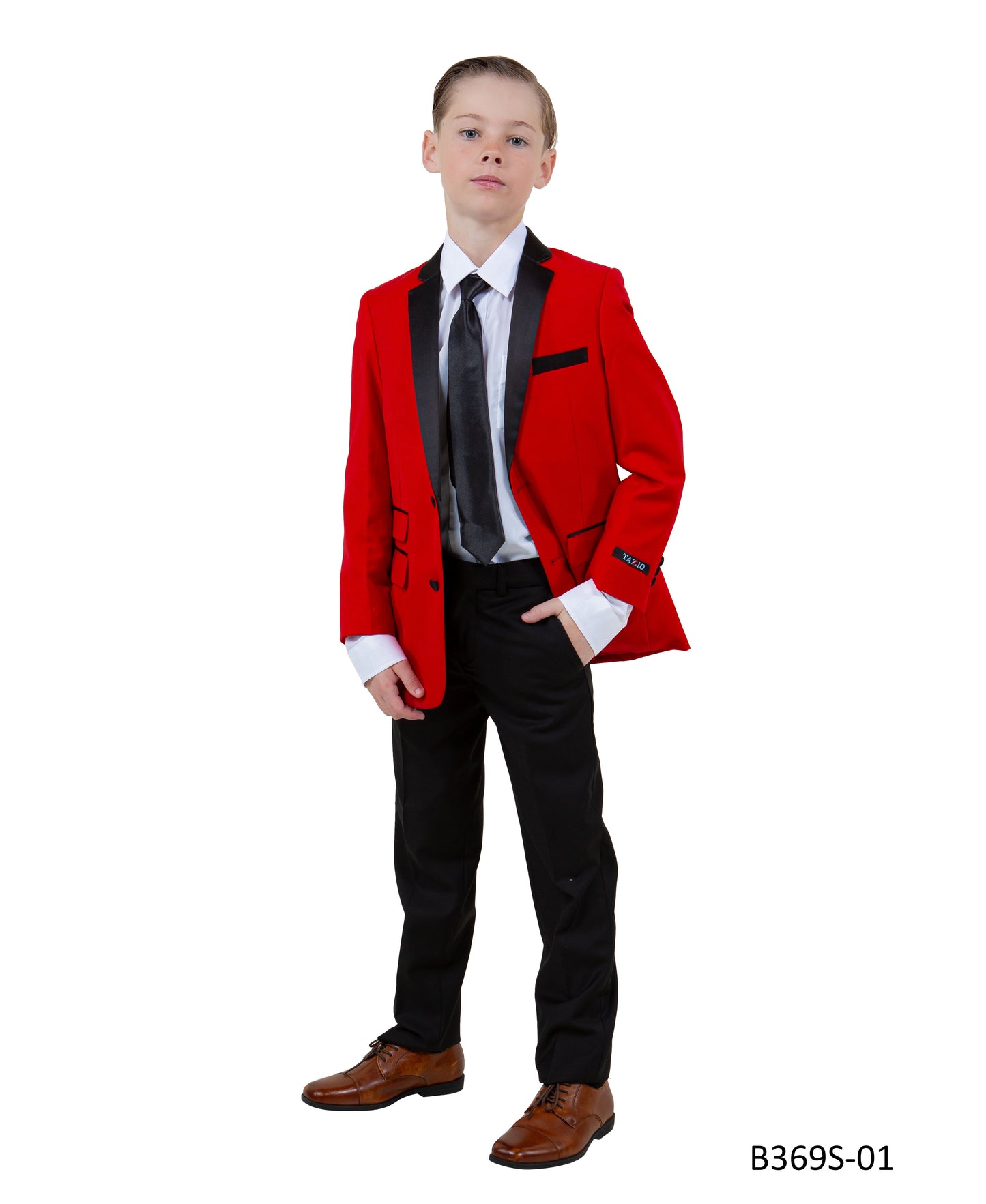 Red / Black Satin Notch Lapel 5 Piece Slim Fit Tazzio Boy's Suit