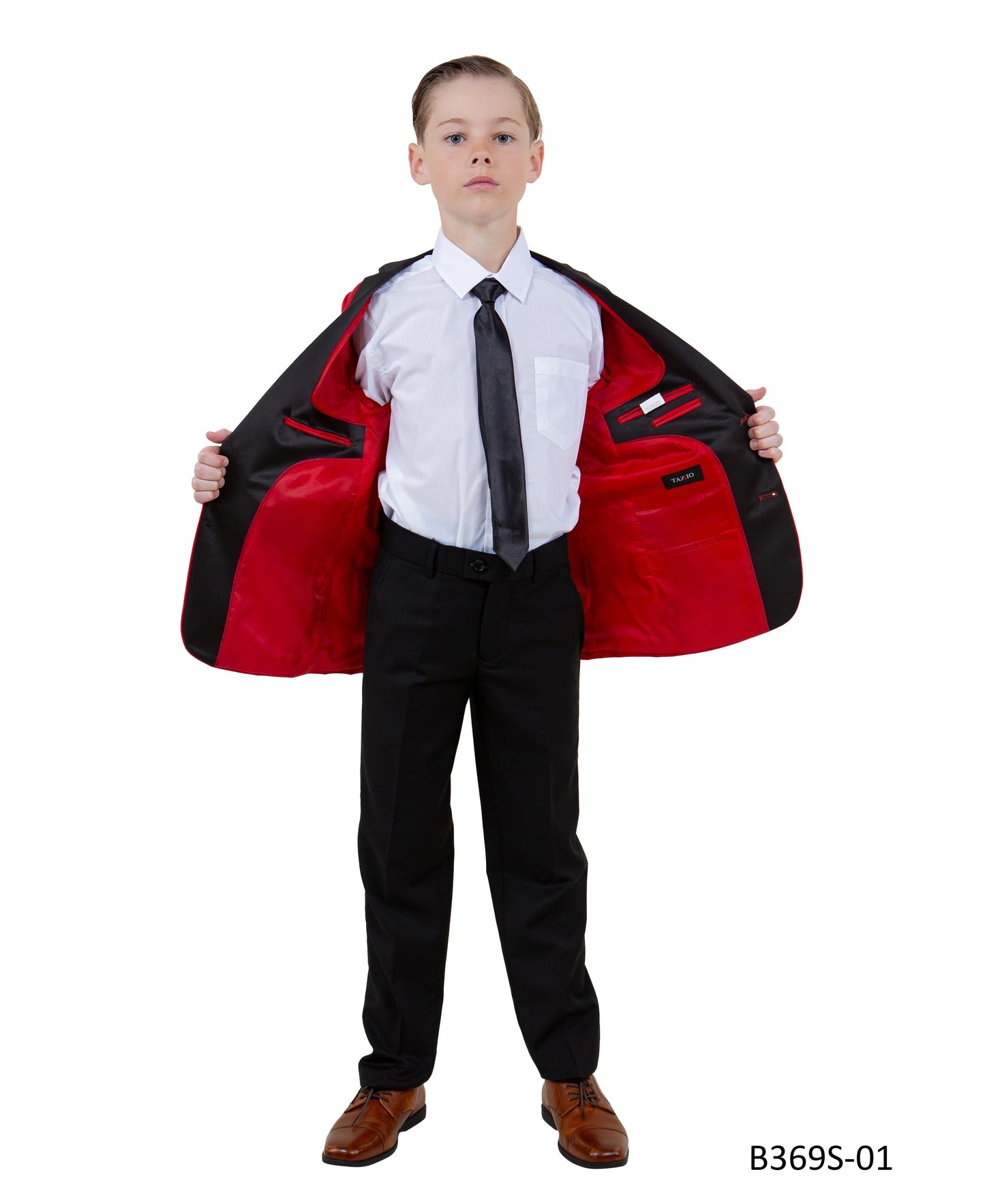 Red / Black Satin Notch Lapel 5 Piece Slim Fit Tazzio Boy's Suit