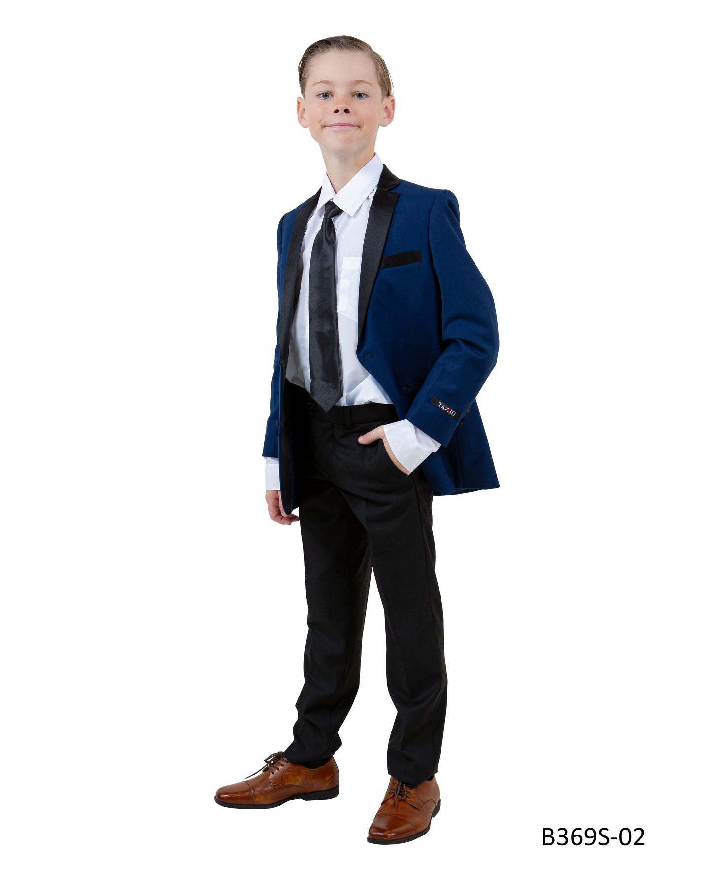 Blue/Black Satin Notch Lapel 5 Piece Slim Fit Tazzio Boy's Suit