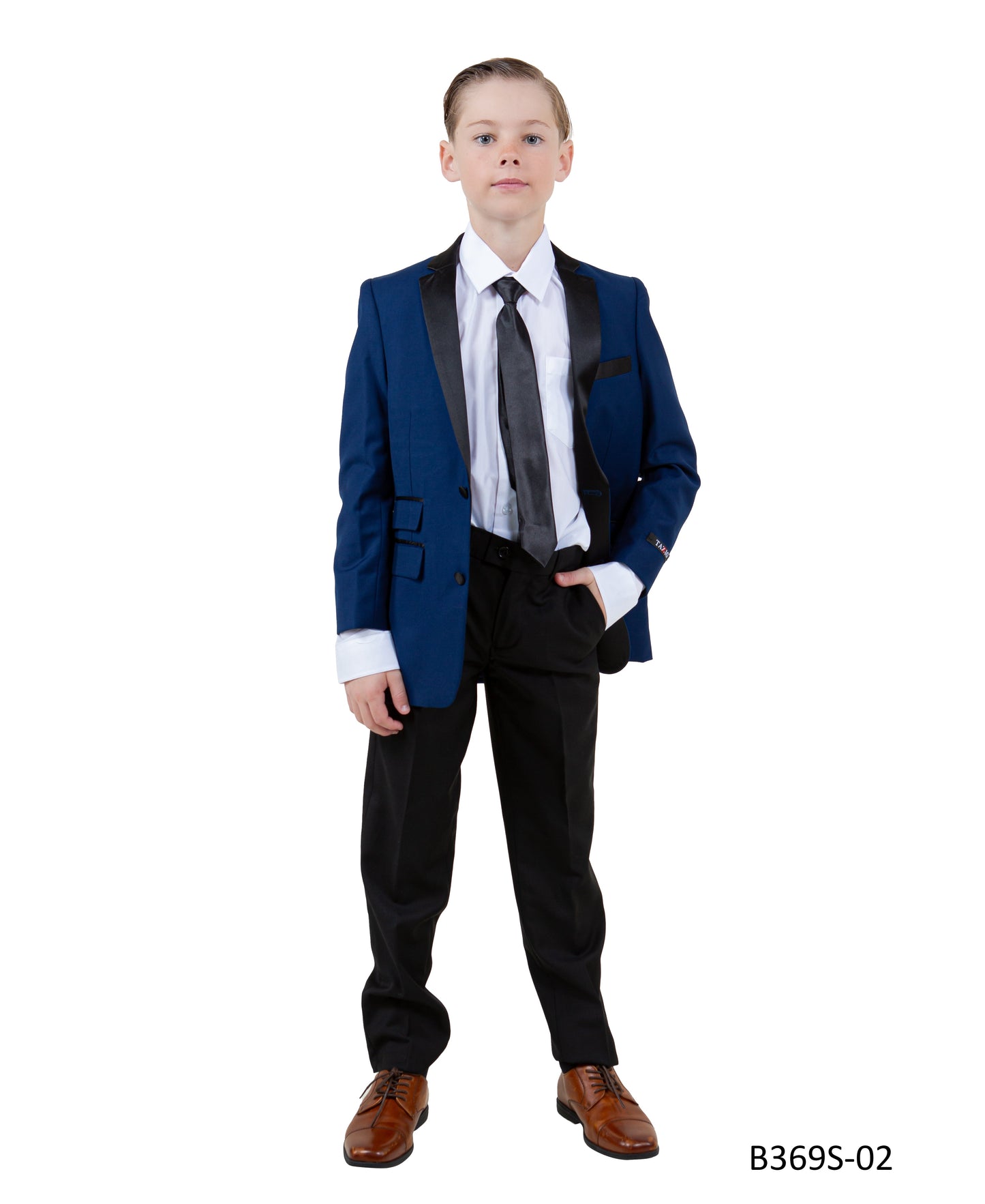 Blue/Black Satin Notch Lapel 5 Piece Slim Fit Tazzio Boy's Suit