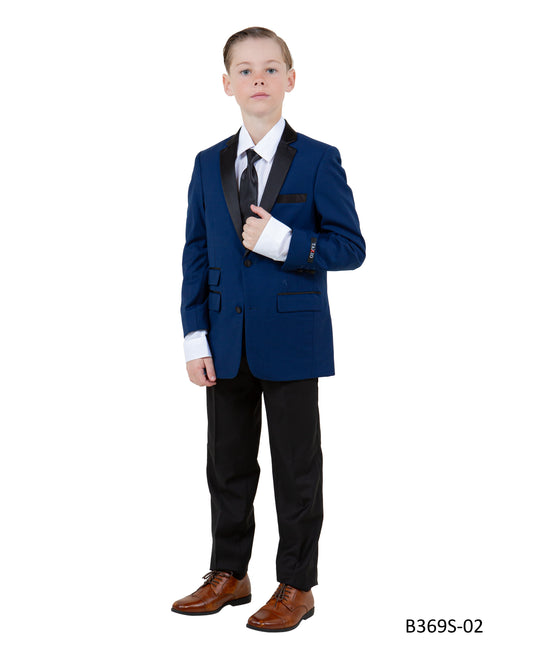 Blue/Black Satin Notch Lapel 5 Piece Slim Fit Tazzio Boy's Suit