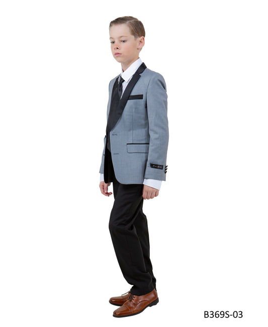 Light Grey / Black Satin Notch Lapel 5 Piece Slim Fit Tazzio Boy's Suit