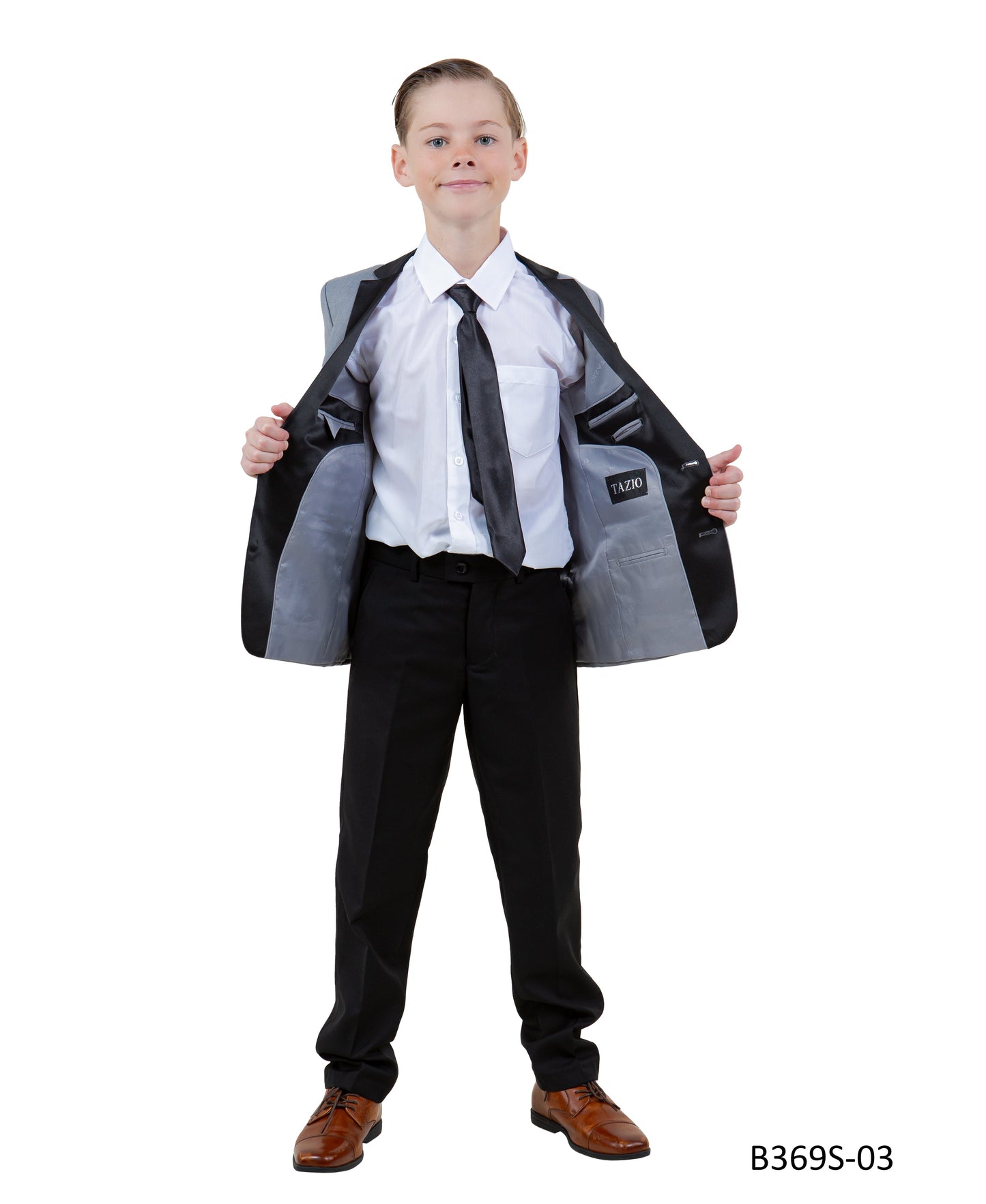 Light Grey / Black Satin Notch Lapel 5 Piece Slim Fit Tazzio Boy's Suit