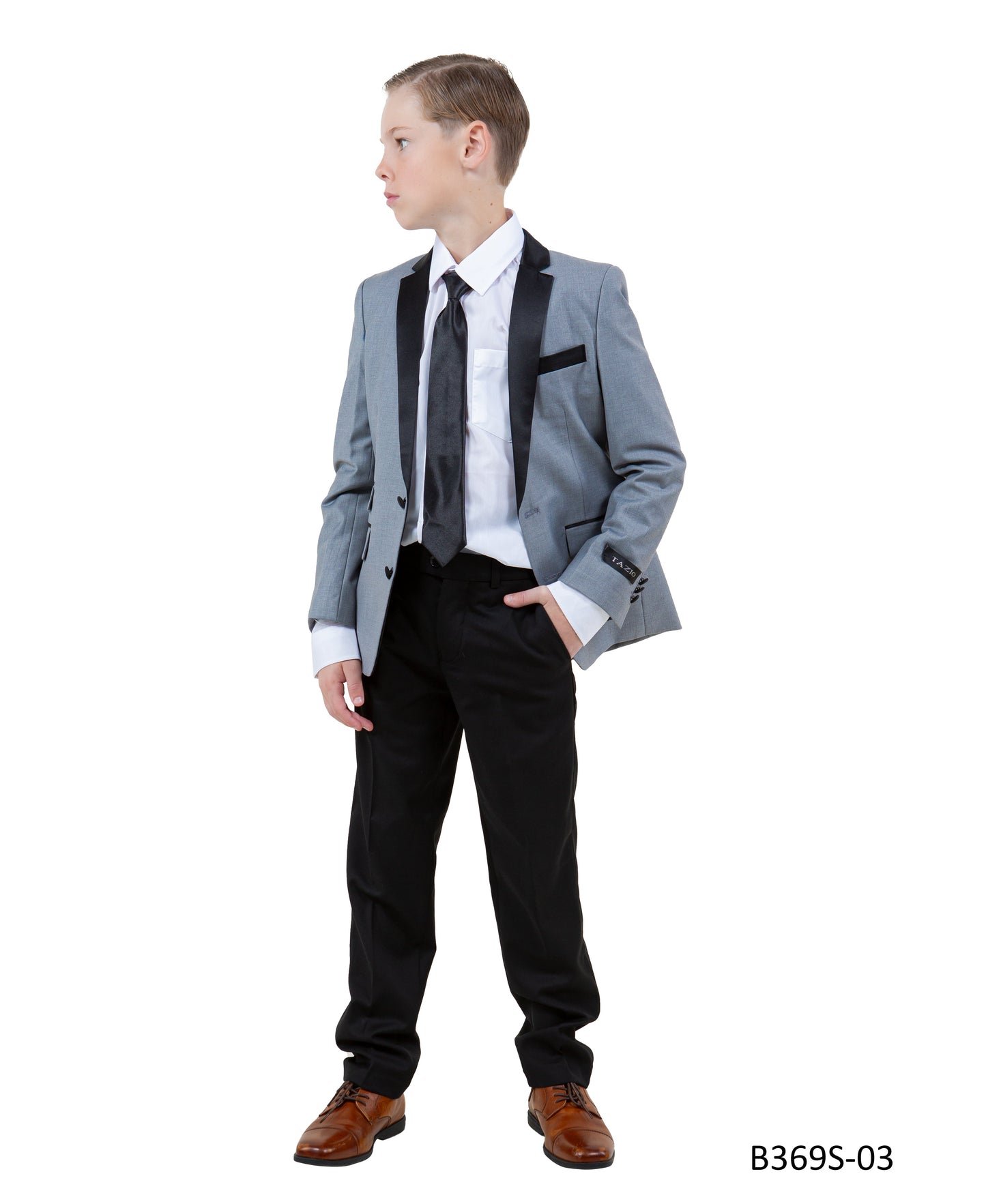 Light Grey / Black Satin Notch Lapel 5 Piece Slim Fit Tazzio Boy's Suit