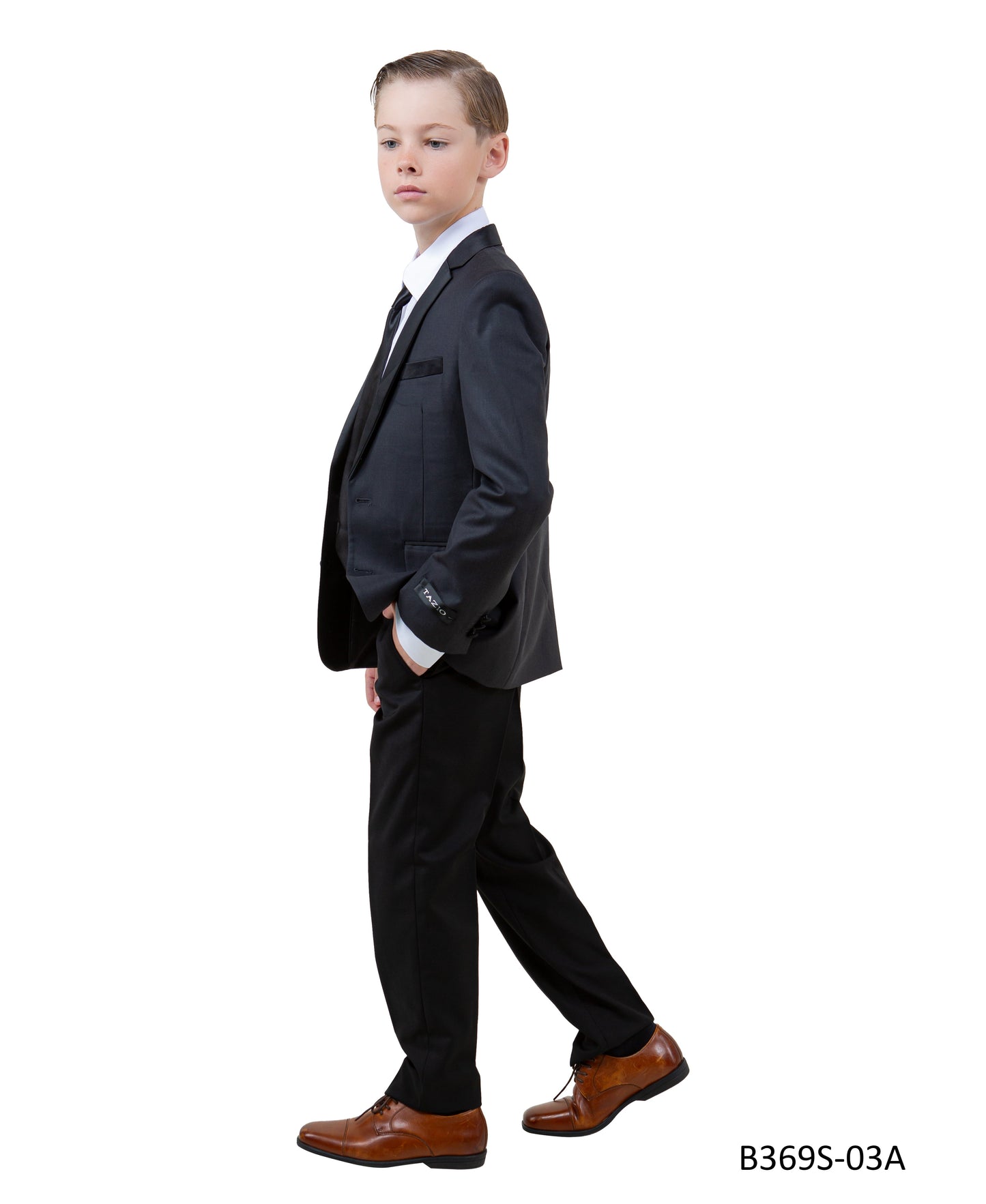 Charcoal Grey / Black Satin Notch Lapel 5 Piece Slim Fit Tazzio Boy's Suit