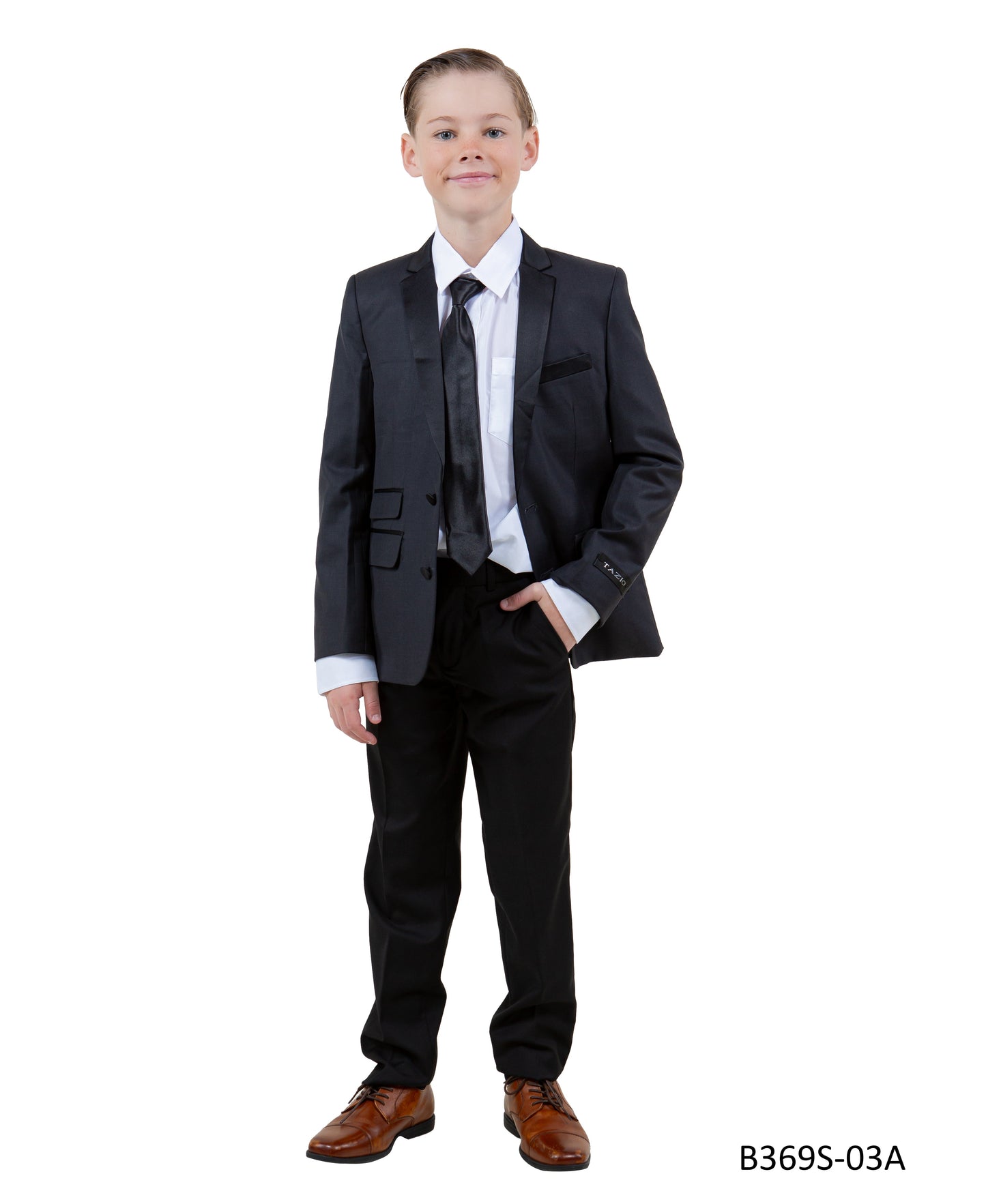 Charcoal Grey / Black Satin Notch Lapel 5 Piece Slim Fit Tazzio Boy's Suit