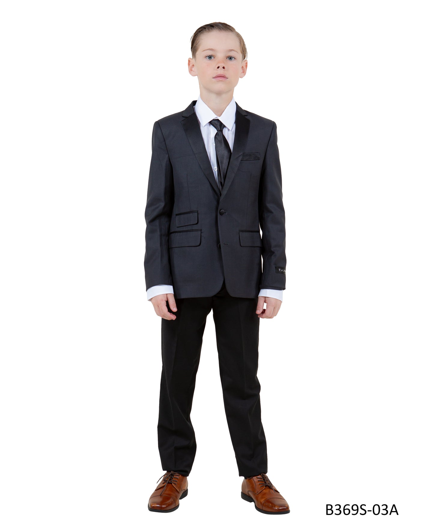 Charcoal Grey / Black Satin Notch Lapel 5 Piece Slim Fit Tazzio Boy's Suit