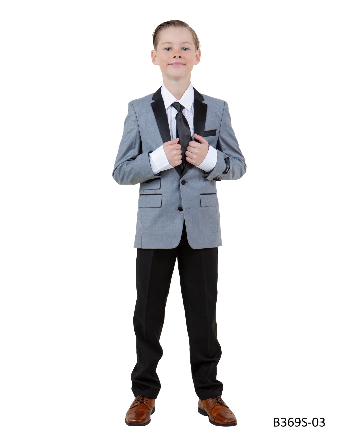 Light Grey / Black Satin Notch Lapel 5 Piece Slim Fit Tazzio Boy's Suit