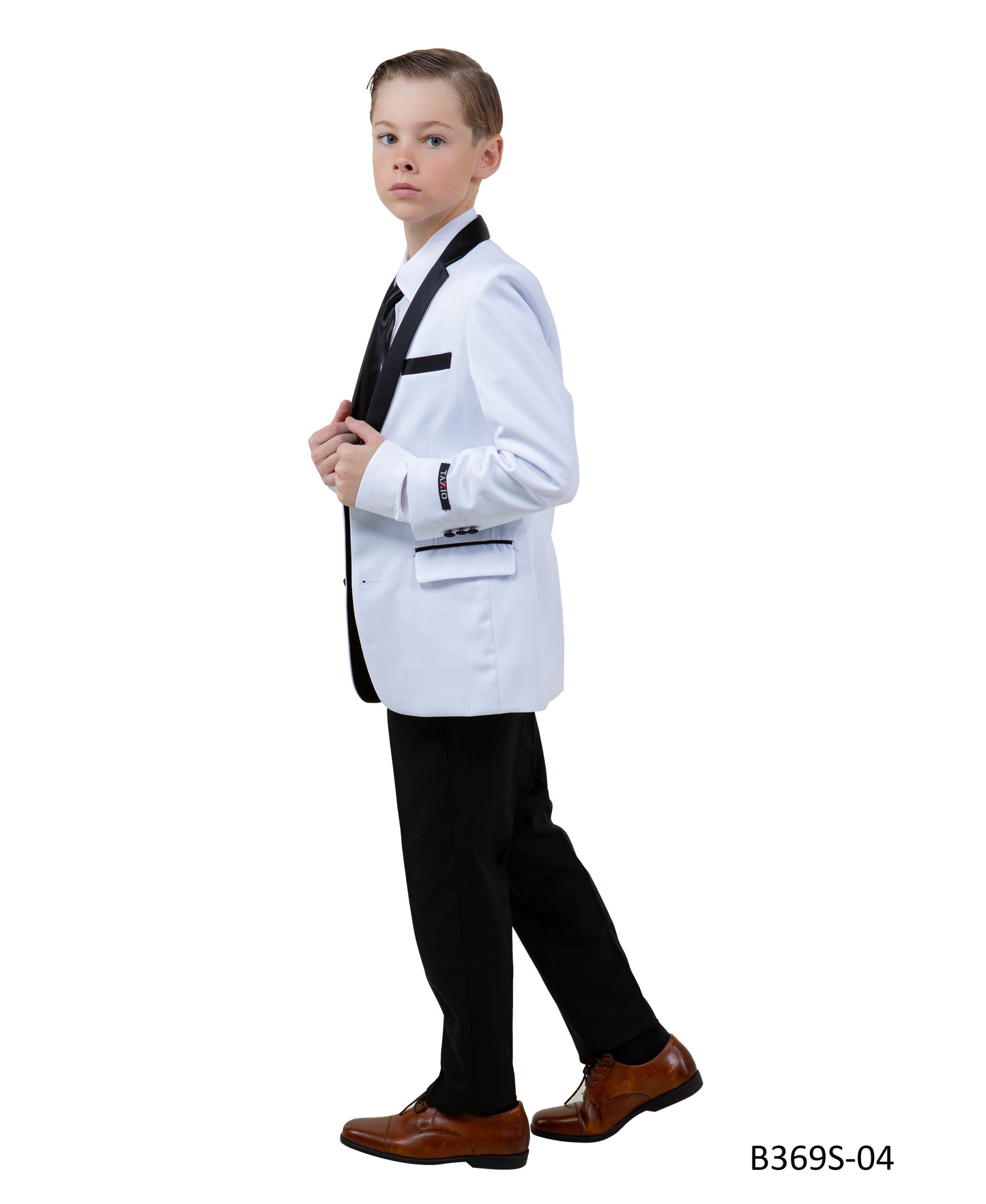 White / Black Satin Notch Lapel 5 Piece Slim Fit Tazzio Boy's Suit