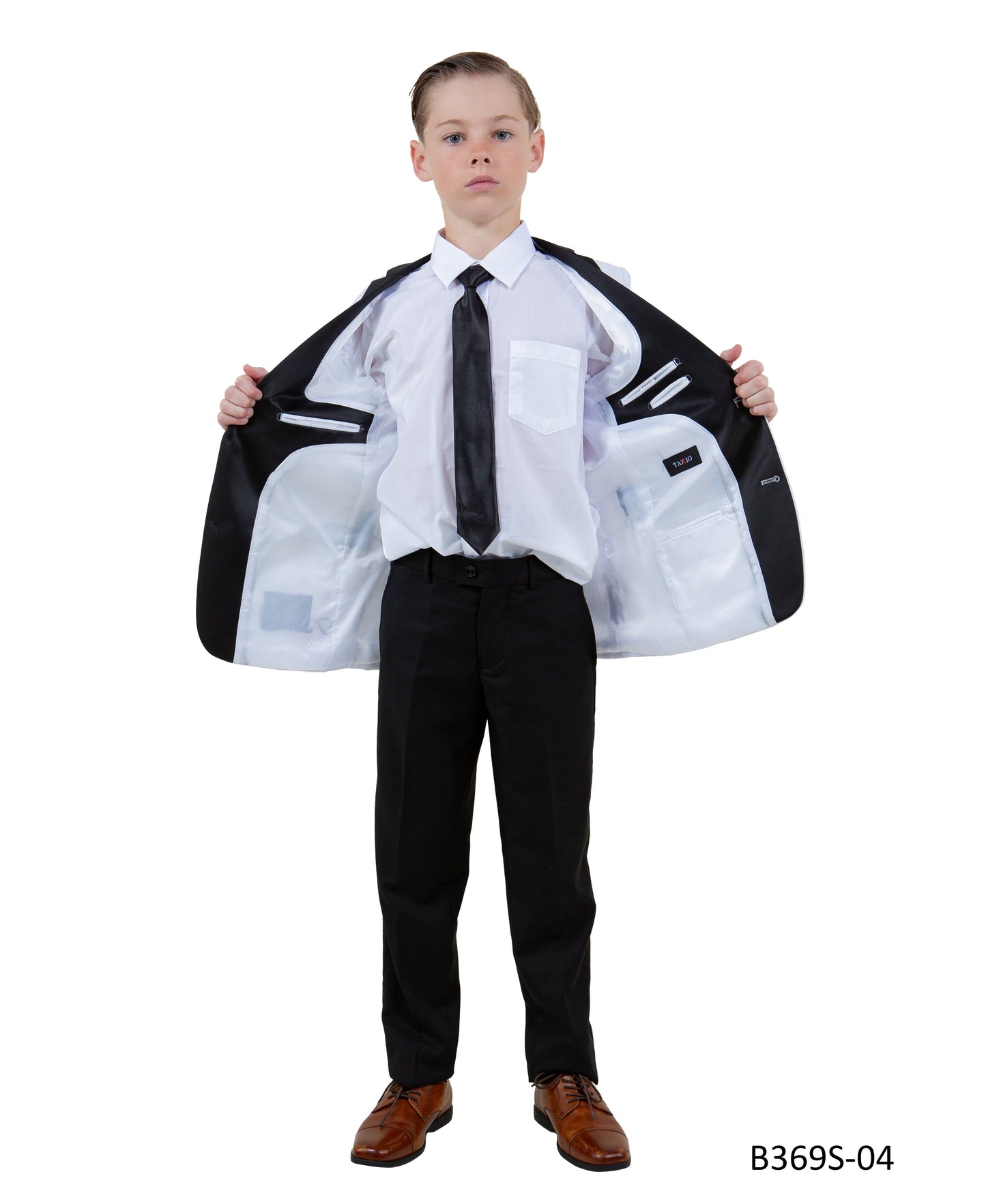 White / Black Satin Notch Lapel 5 Piece Slim Fit Tazzio Boy's Suit