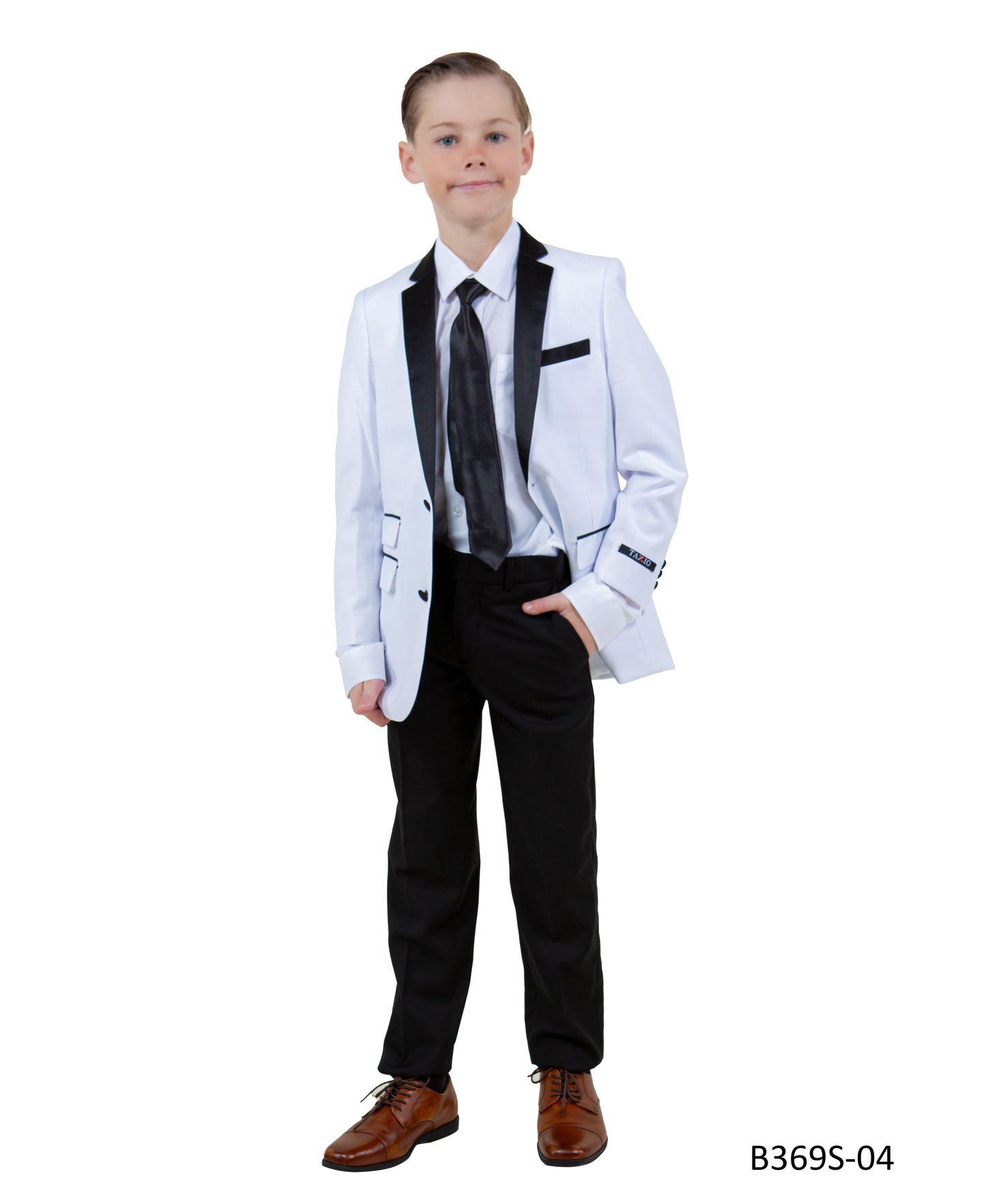 White / Black Satin Notch Lapel 5 Piece Slim Fit Tazzio Boy's Suit