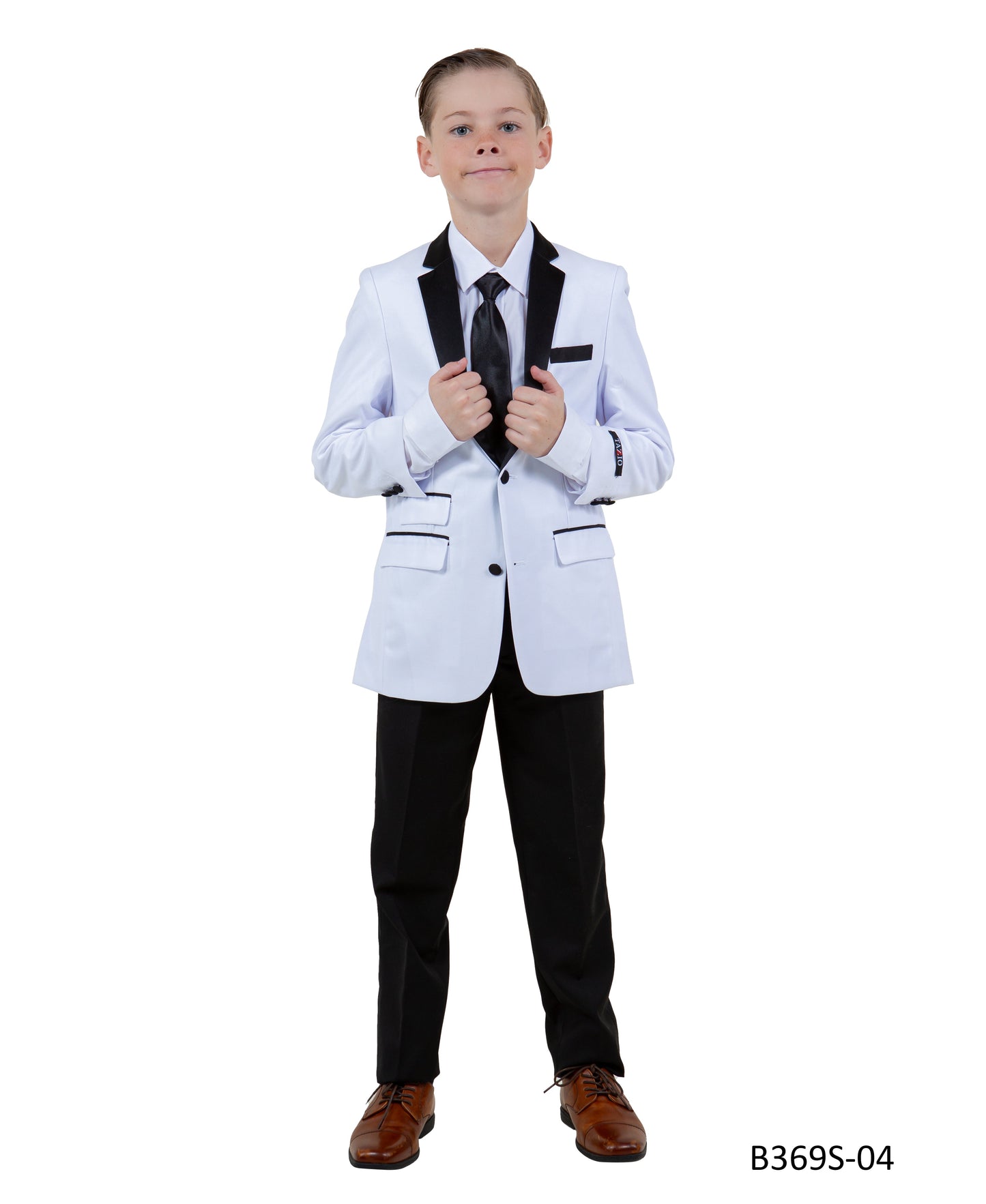 White / Black Satin Notch Lapel 5 Piece Slim Fit Tazzio Boy's Suit