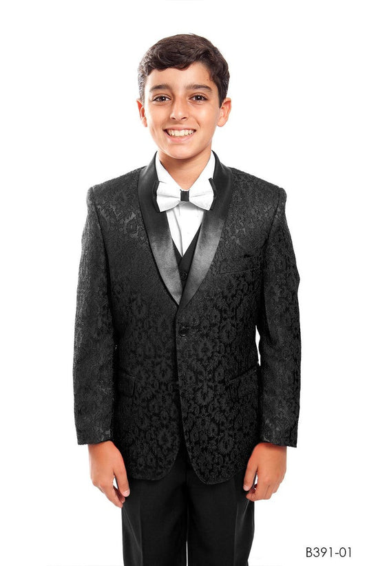 Black Paisley / Black Satin Shawl Lapel 5 Piece Modern Fit Tazzio Boy's Suit With Matching Bowtie