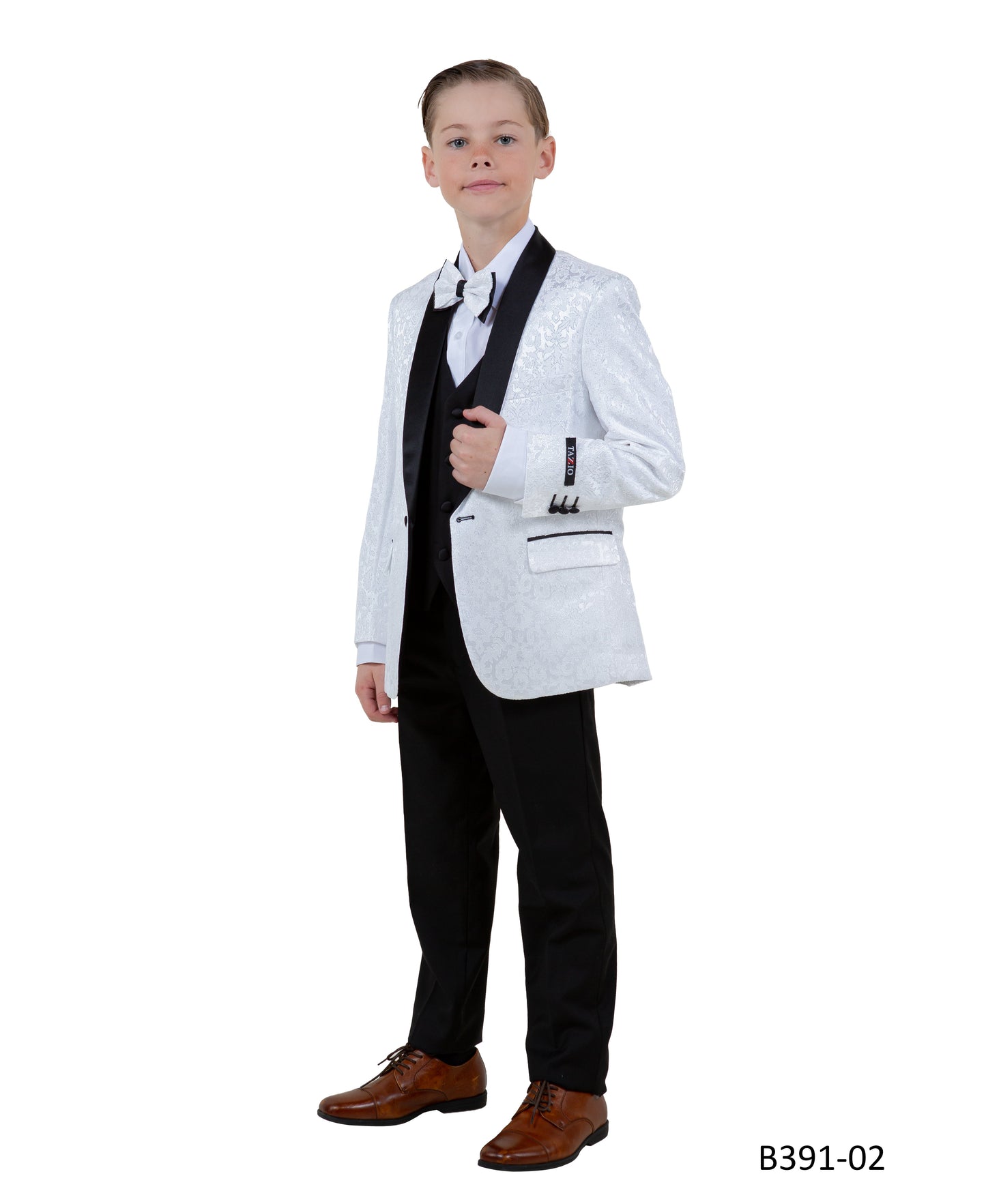 White Paisley / Black Satin Shawl Lapel 5 Piece Modern Fit Tazzio Boy's Suit With Matching Bowtie