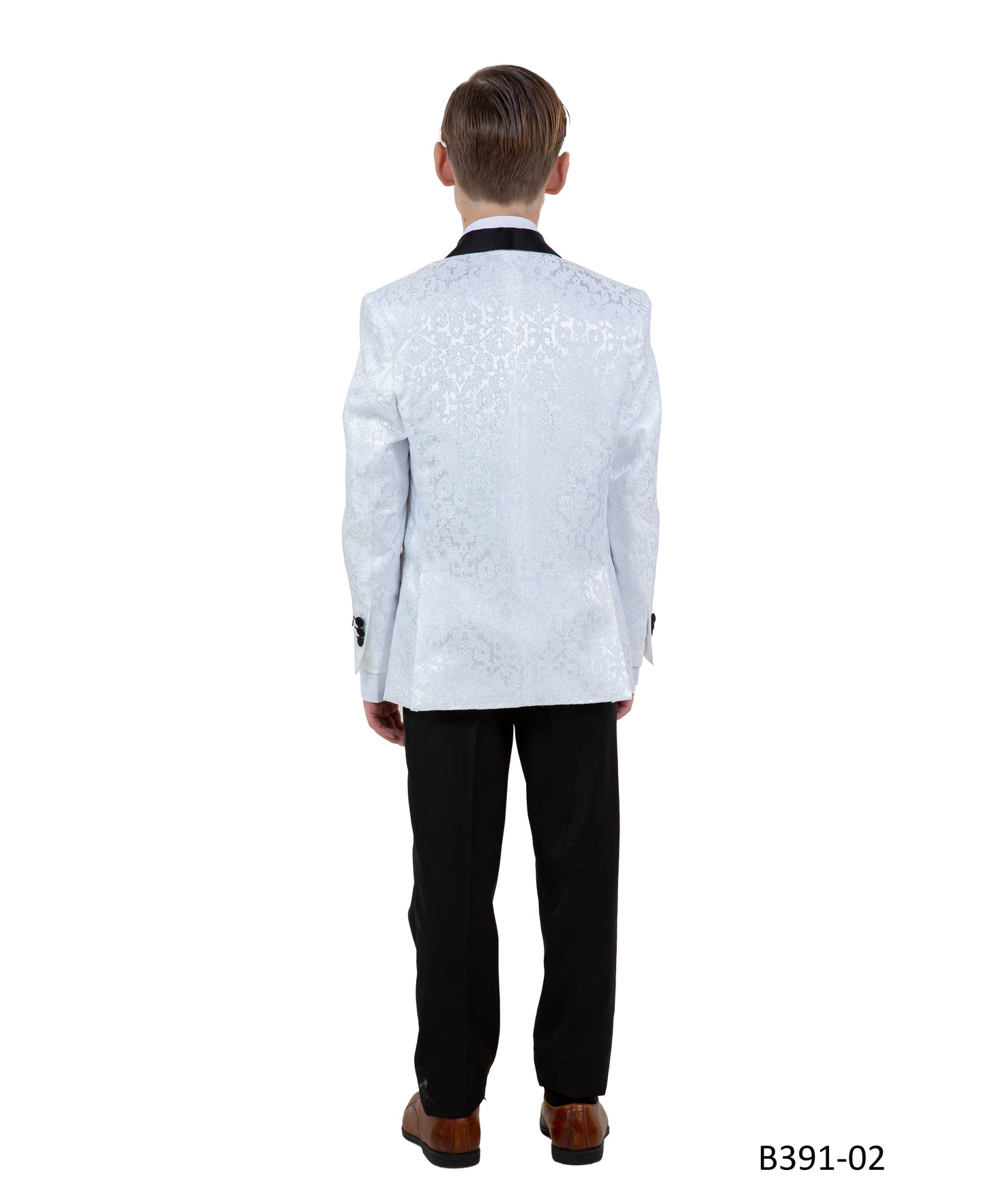 White Paisley / Black Satin Shawl Lapel 5 Piece Modern Fit Tazzio Boy's Suit With Matching Bowtie