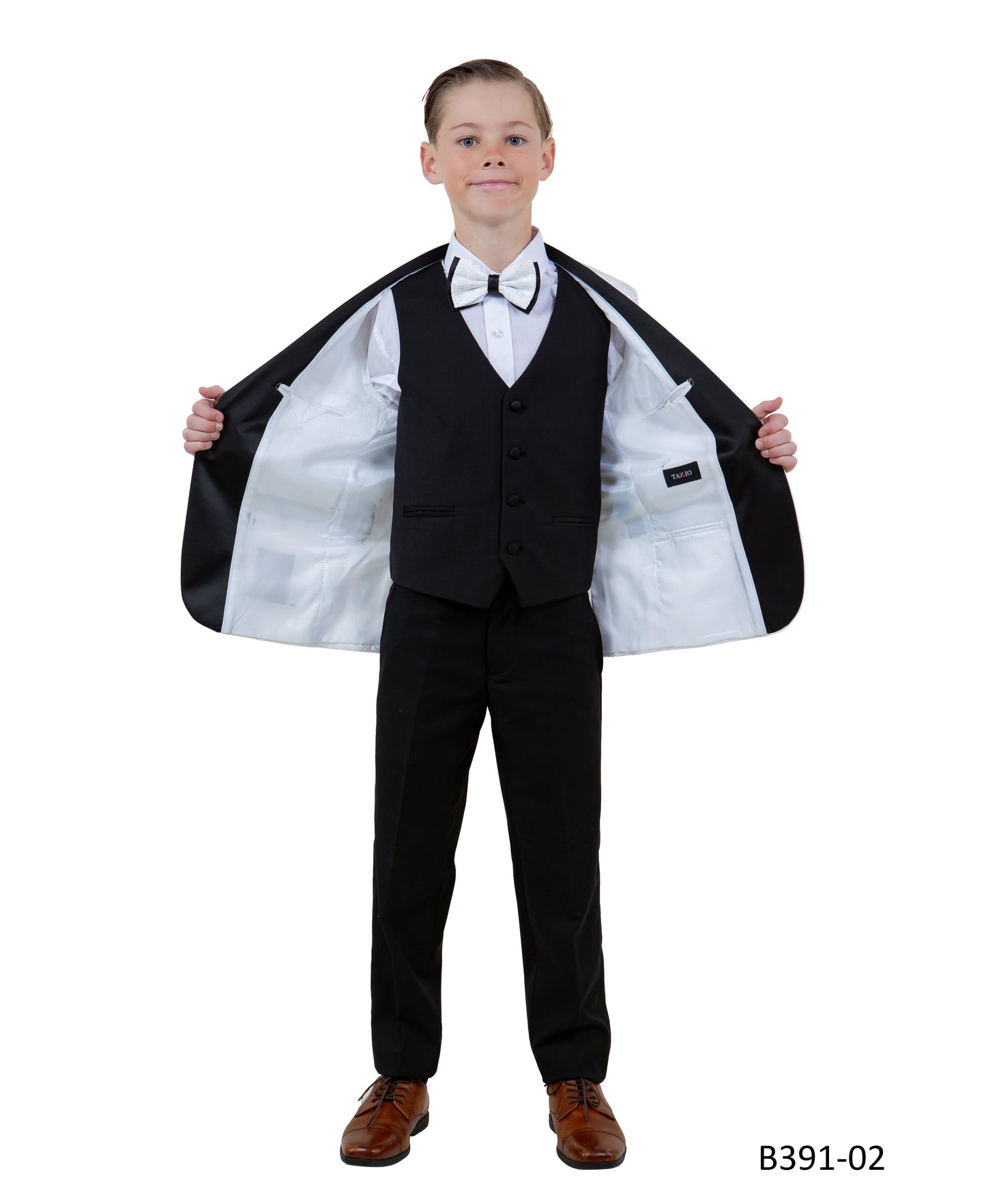 White Paisley / Black Satin Shawl Lapel 5 Piece Modern Fit Tazzio Boy's Suit With Matching Bowtie