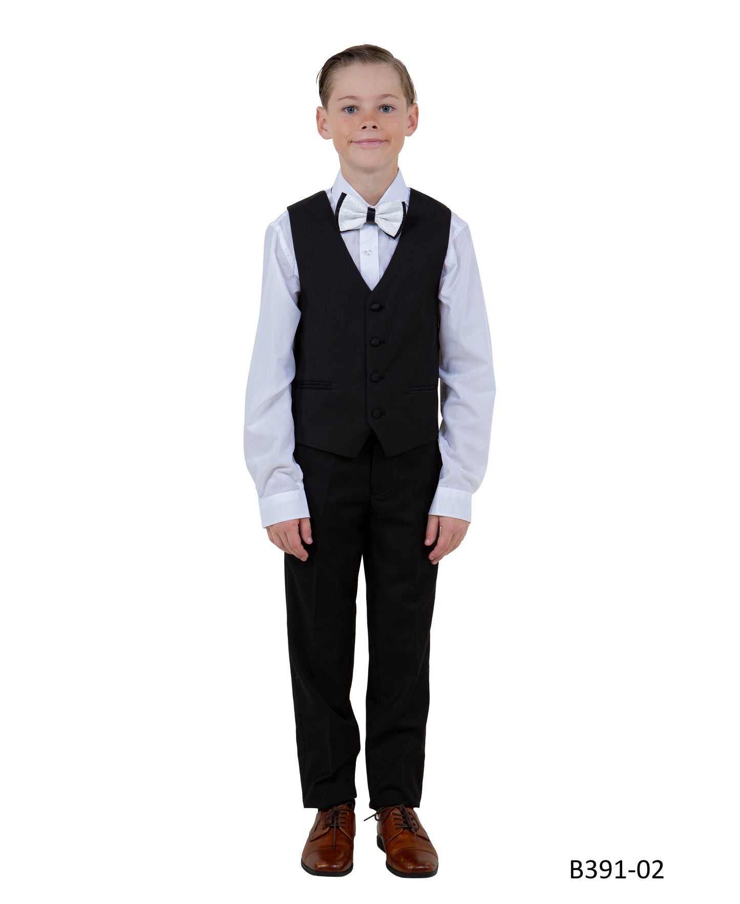 White Paisley / Black Satin Shawl Lapel 5 Piece Modern Fit Tazzio Boy's Suit With Matching Bowtie