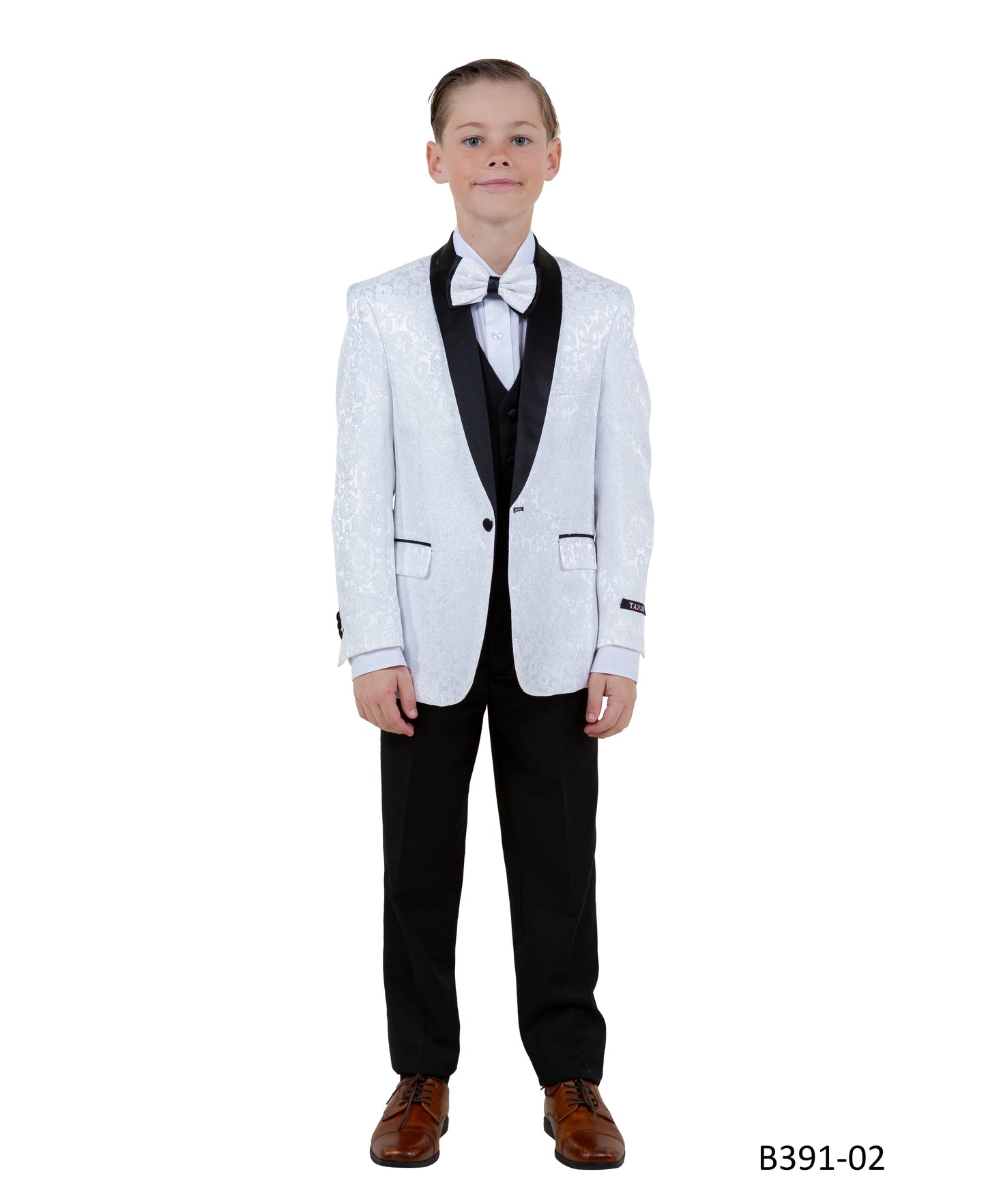 White Paisley / Black Satin Shawl Lapel 5 Piece Modern Fit Tazzio Boy's Suit With Matching Bowtie