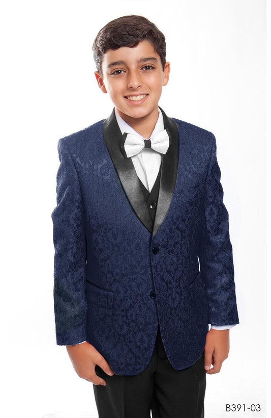 Navy Paisley / Black Satin Shawl Lapel 5 Piece Modern Fit Tazzio Boy's Suit With Matching Bowtie