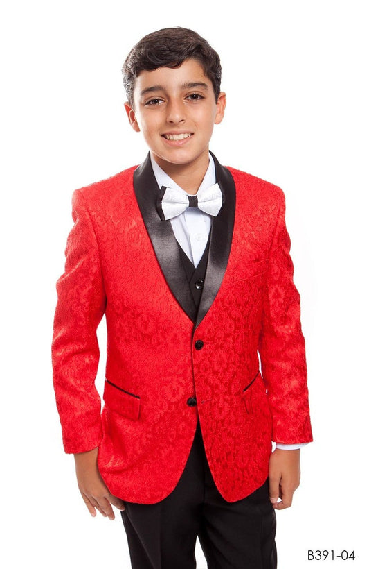 Red Paisley / Black Satin Shawl Lapel 5 Piece Modern Fit Tazzio Boy's Suit With Matching Bowtie