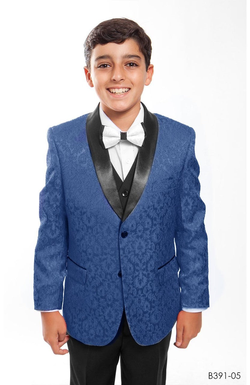 Royal Paisley / Black Satin Shawl Lapel 5 Piece Modern Fit Tazzio Boy's Suit With Matching Bowtie