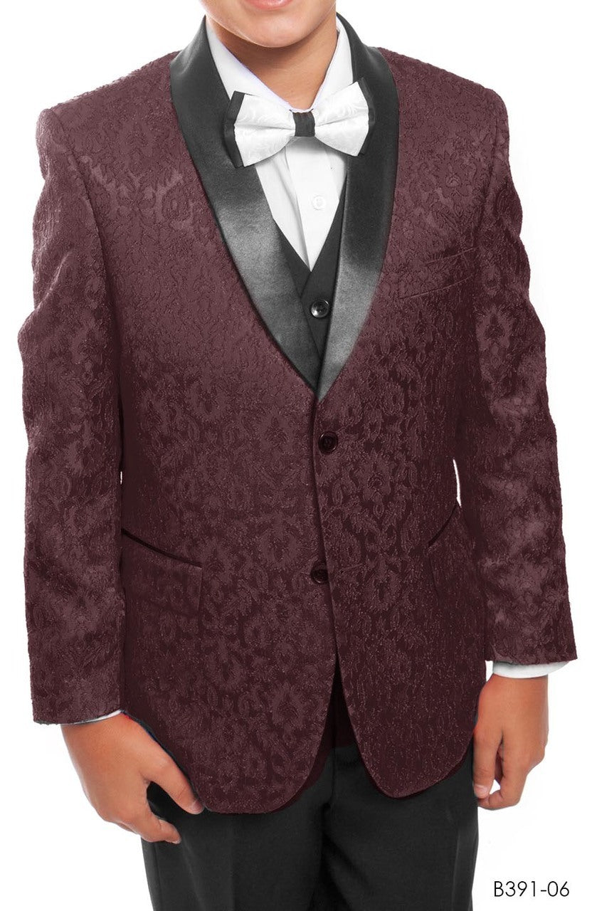 Burgundy Paisley / Black Satin Shawl Lapel 5 Piece Modern Fit Tazzio Boy's Suit With Matching Bowtie