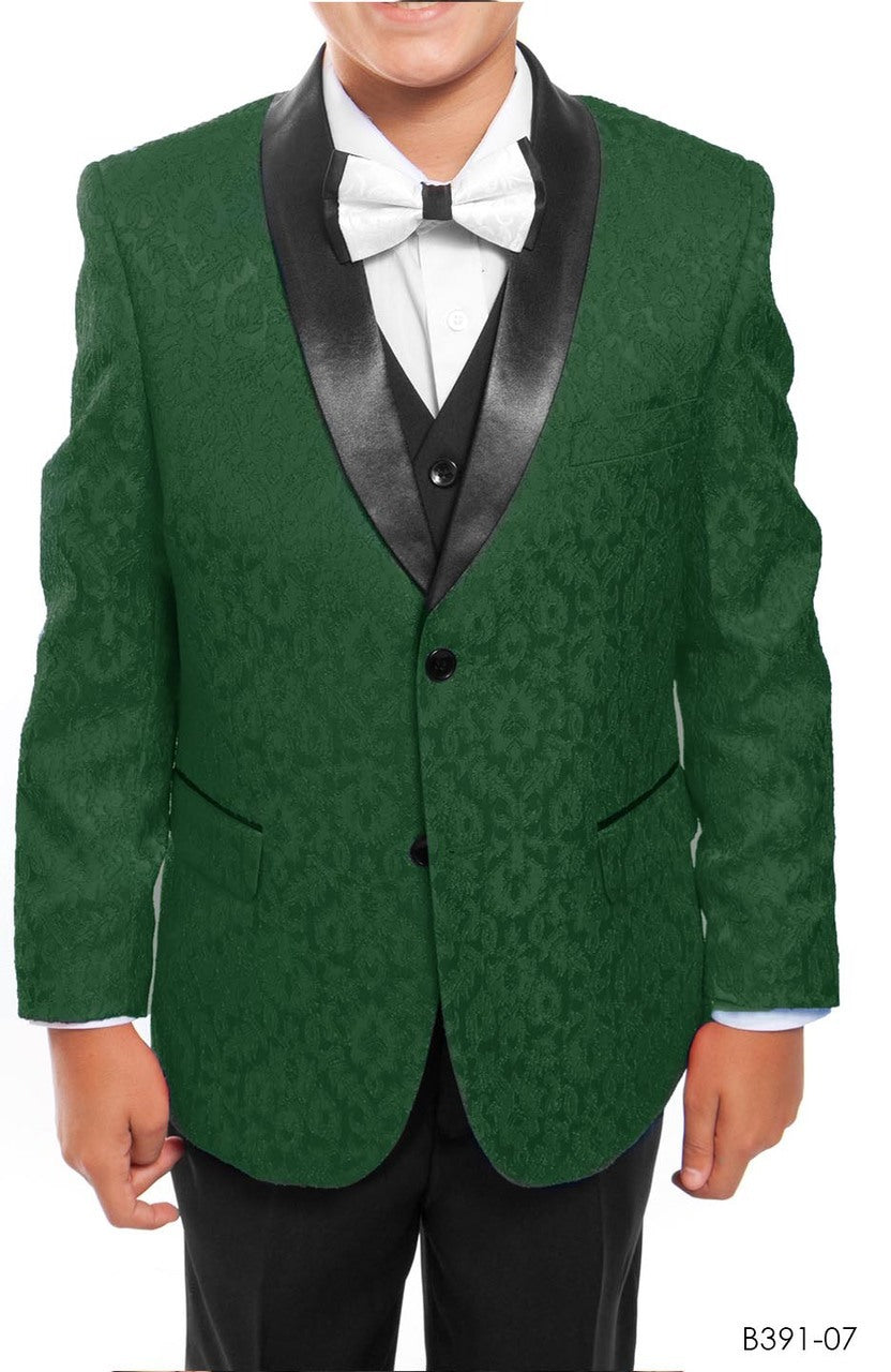 Green Paisley / Black Satin Shawl Lapel 5 Piece Modern Fit Tazzio Boy's Suit With Matching Bowtie