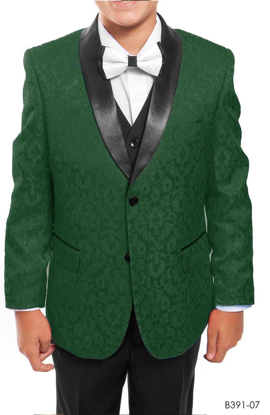 Green Paisley / Black Satin Shawl Lapel 5 Piece Modern Fit Tazzio Boy's Suit With Matching Bowtie