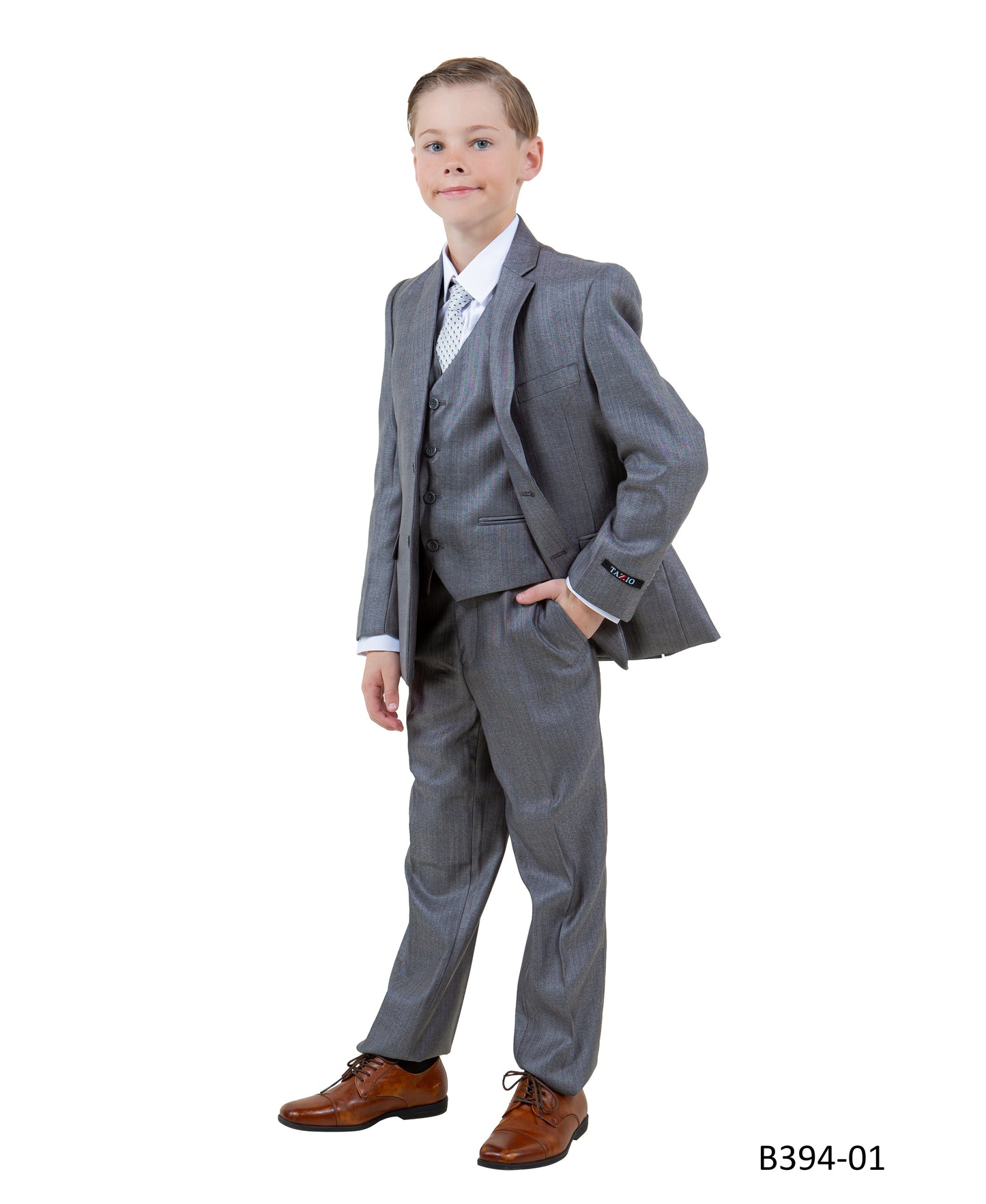 Grey Textured Notch Lapel 5 Piece Modern Fit Tazzio Boy's Suit