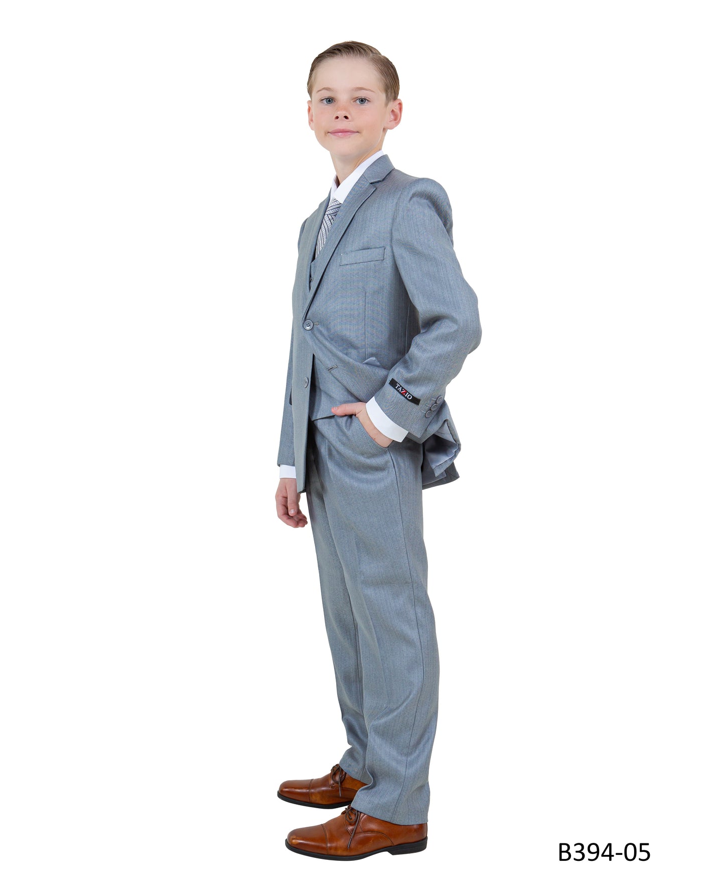 Light Grey Textured Notch Lapel 5 Piece Modern Fit Tazzio Boy's Suit