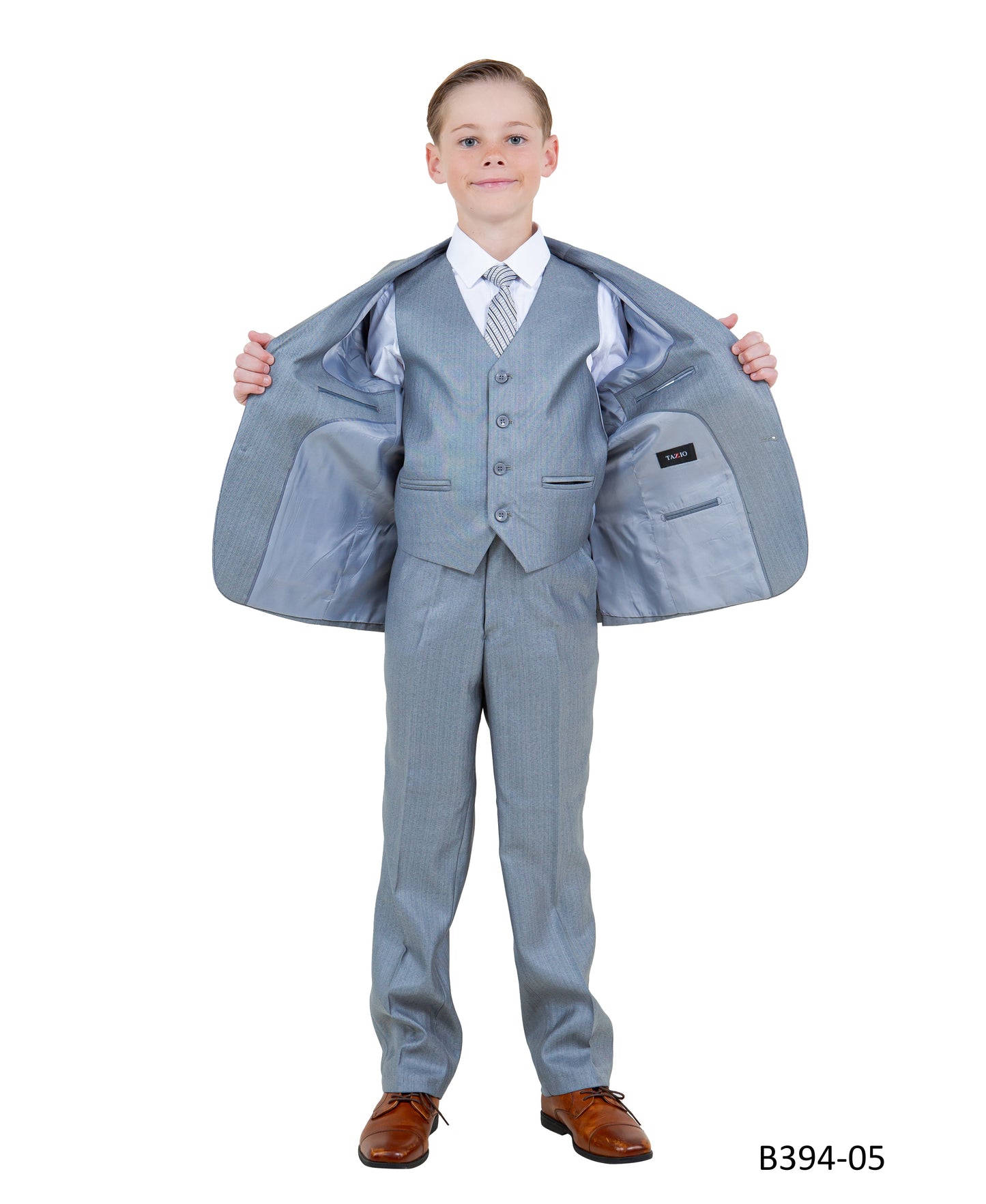 Light Grey Textured Notch Lapel 5 Piece Modern Fit Tazzio Boy's Suit