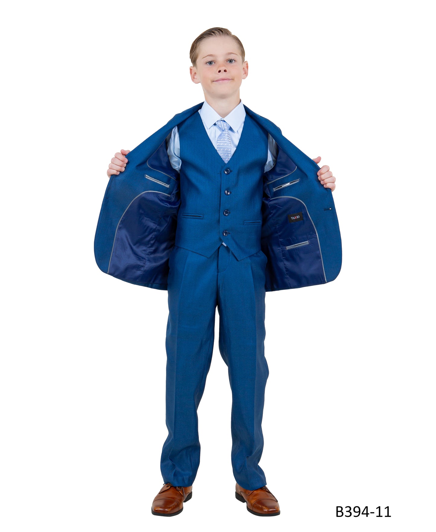 Blue Textured Notch Lapel 5 Piece Modern Fit Tazzio Boy's Suit