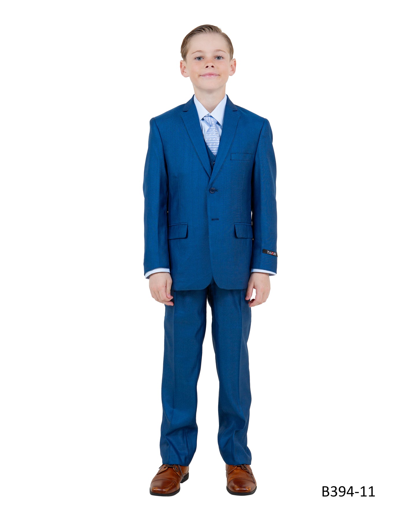 Blue Textured Notch Lapel 5 Piece Modern Fit Tazzio Boy's Suit