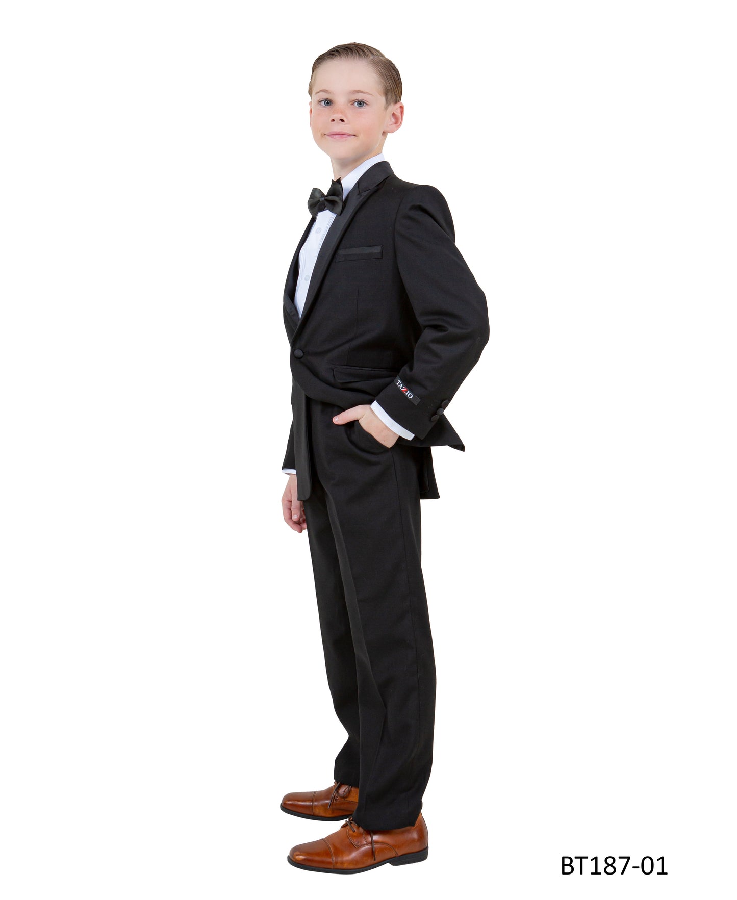 Black Peak Lapel With Black Satin Trim 5 Piece Modern Fit Tazzio Boy'sTuxedo