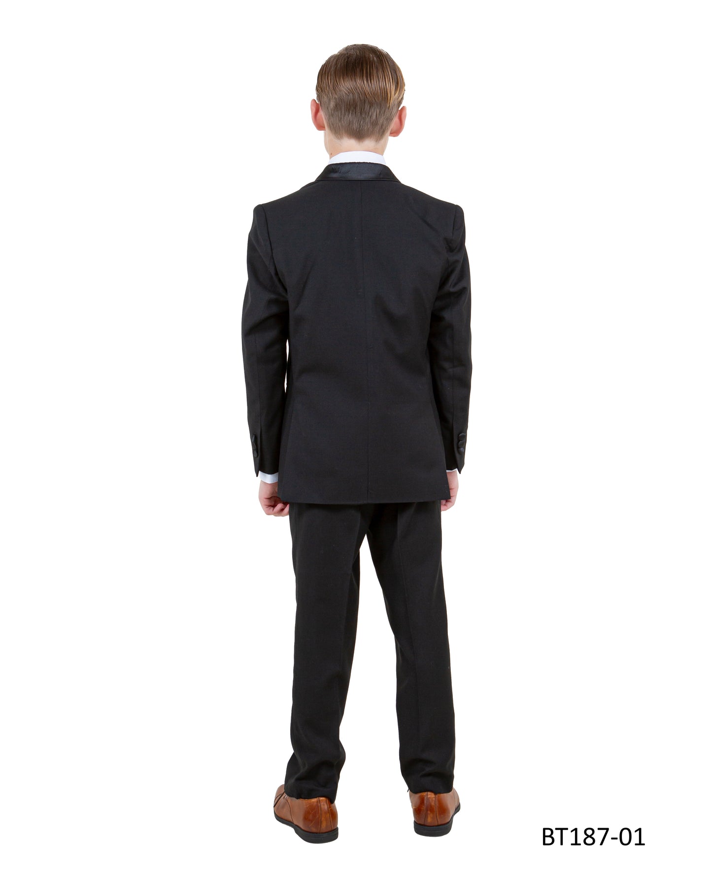 Black Peak Lapel With Black Satin Trim 5 Piece Modern Fit Tazzio Boy'sTuxedo