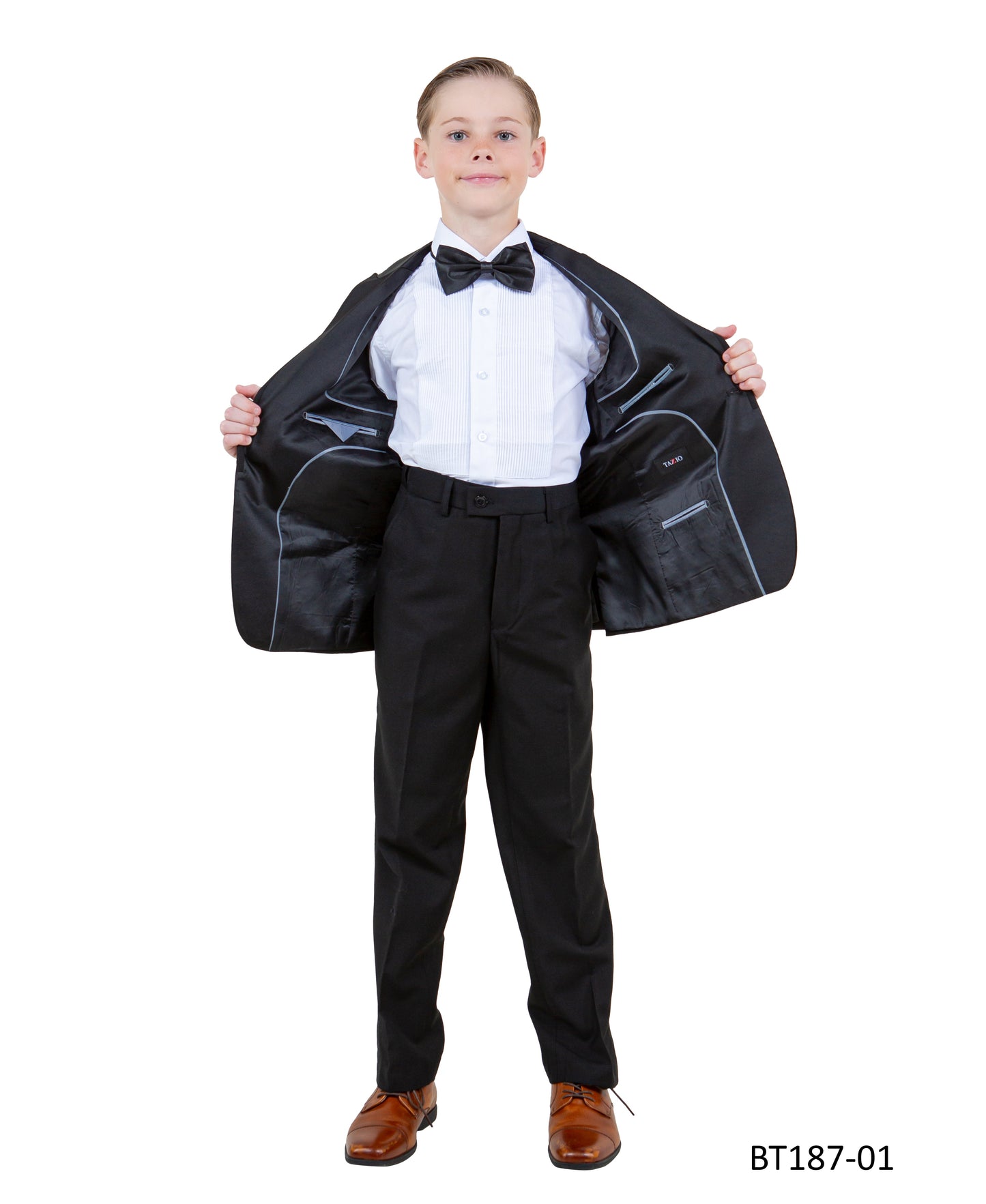 Black Peak Lapel With Black Satin Trim 5 Piece Modern Fit Tazzio Boy'sTuxedo