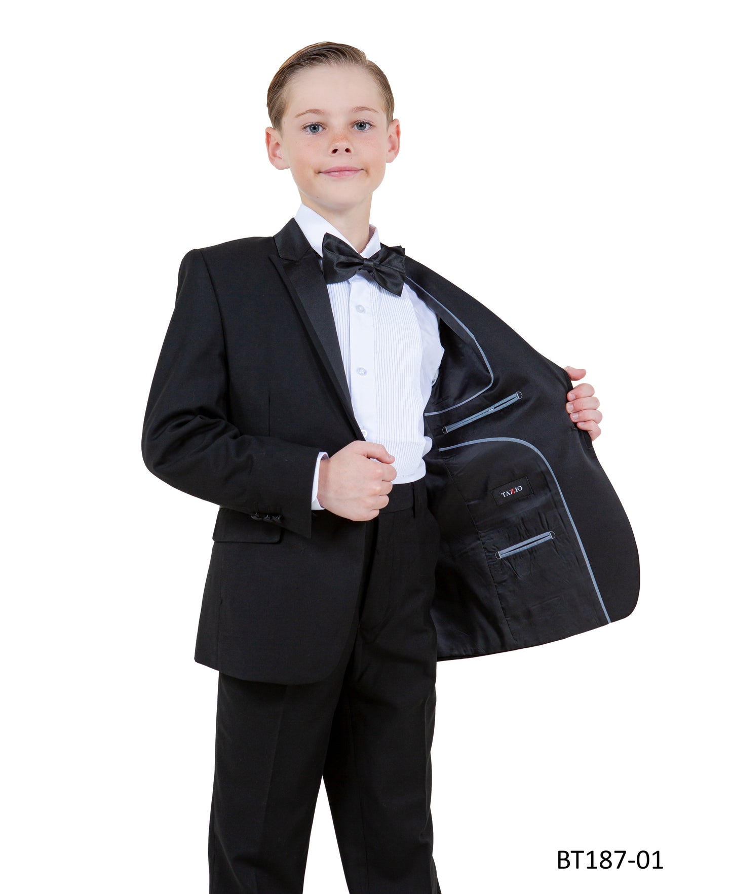 Black Peak Lapel With Black Satin Trim 5 Piece Modern Fit Tazzio Boy'sTuxedo