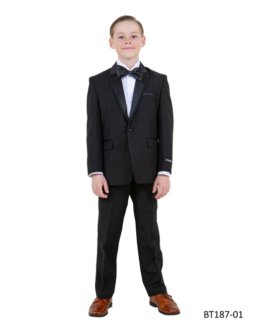 Black Peak Lapel With Black Satin Trim 5 Piece Modern Fit Tazzio Boy'sTuxedo