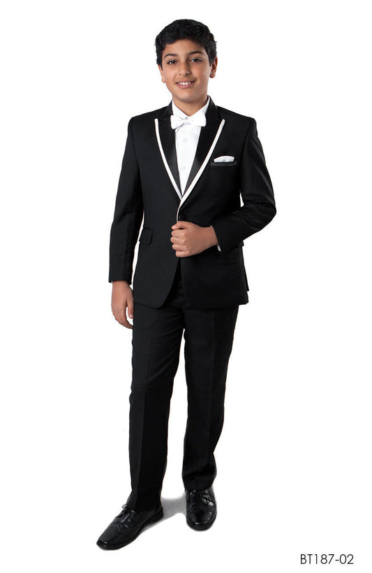 Black Peak Lapel With White Satin Trim 5 Piece Boy's Tuxedo