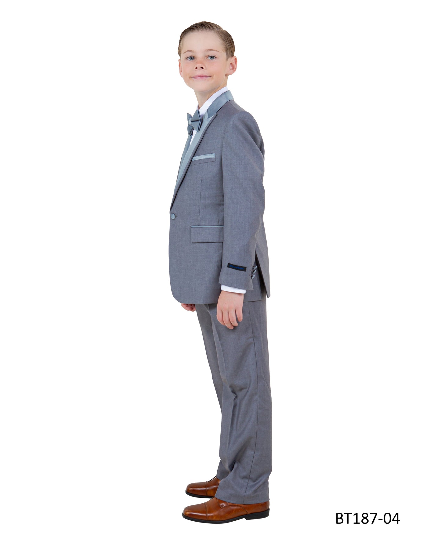 Grey Peak Lapel With Grey Satin Trim 5 Piece Modern Fit Tazzio Boy'sTuxedo