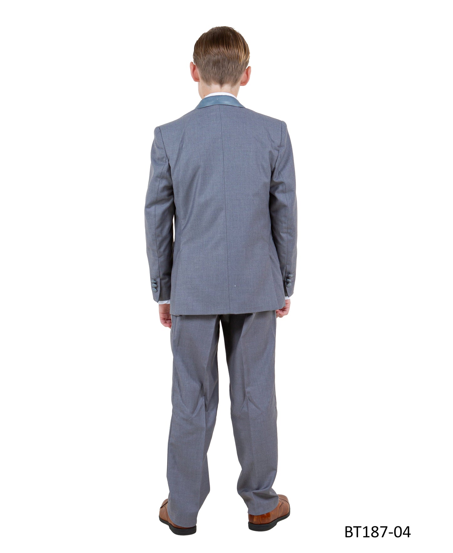 Grey Peak Lapel With Grey Satin Trim 5 Piece Modern Fit Tazzio Boy'sTuxedo