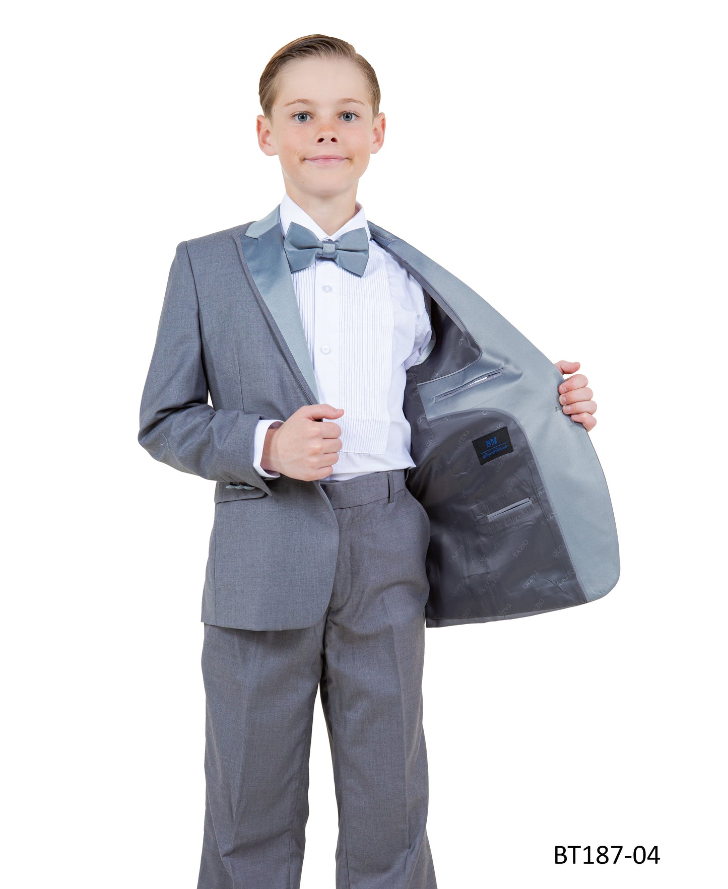 Grey Peak Lapel With Grey Satin Trim 5 Piece Modern Fit Tazzio Boy'sTuxedo